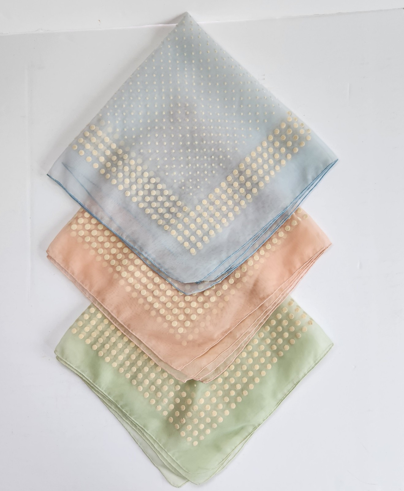 3 Pc. Hankies Handkerchiefs Sheer Pastel Flocked Polka Dots Pinks Blue Green Vtg
