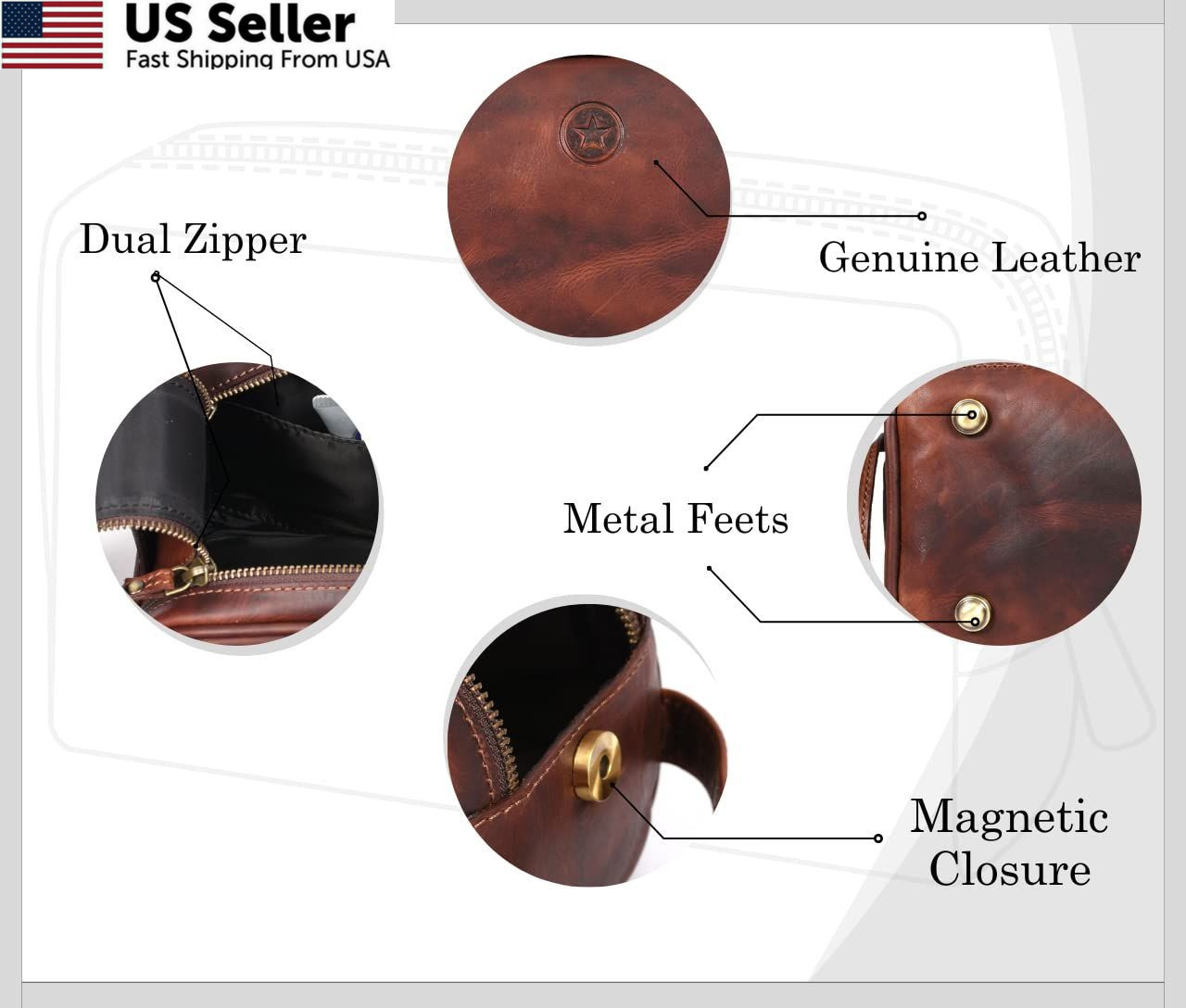 10″ Premium Leather Toiletry Travel Pouch 10.5 x 5.5 x Inch, Dark Brown