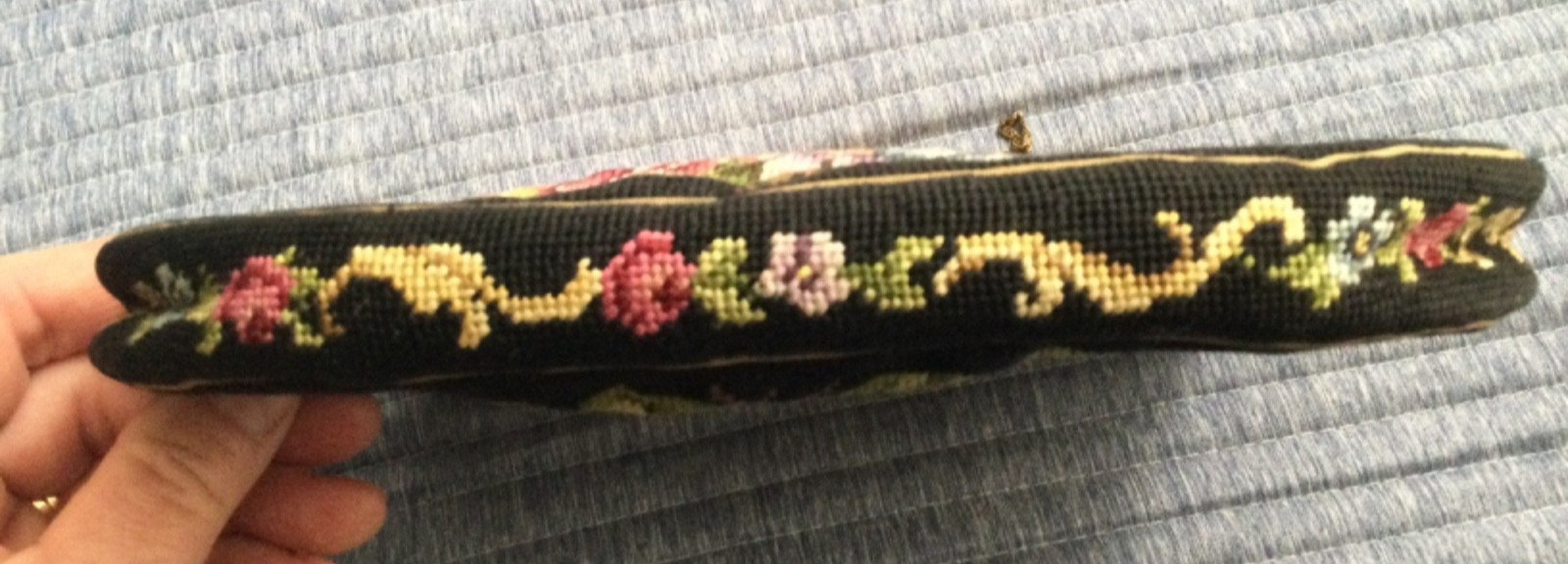 Jolles Austria Petit Point Embroidered Floral Evening Bag Black W/ Pastel Flower
