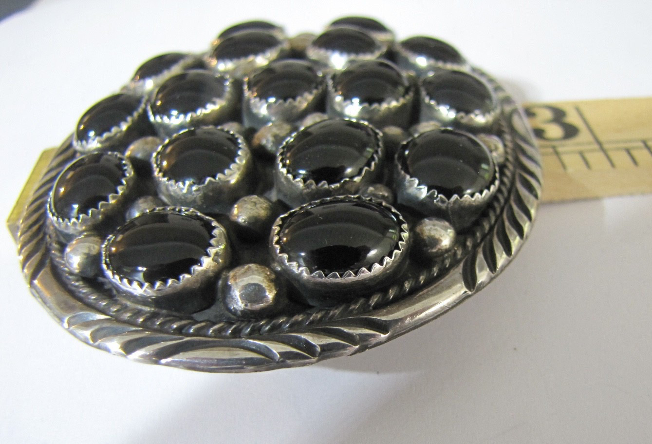 Vintage Navajo Sterling Silver Black Onyx Cluster Belt Buckle 70g GA Sterling