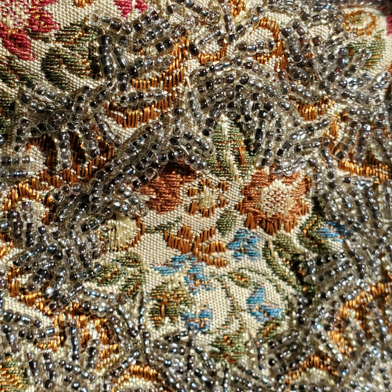 Vintage Evening Hand Bag Purse Beaded Tapestry Satin Lining Inside Pocket 9″