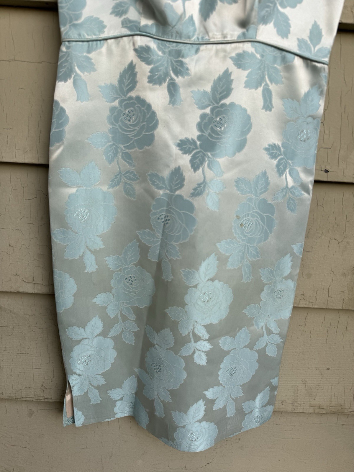 70’s Ice Blue Floral Brocade Cocktail Sheath Dress Matching Coat Metallic 28” 4