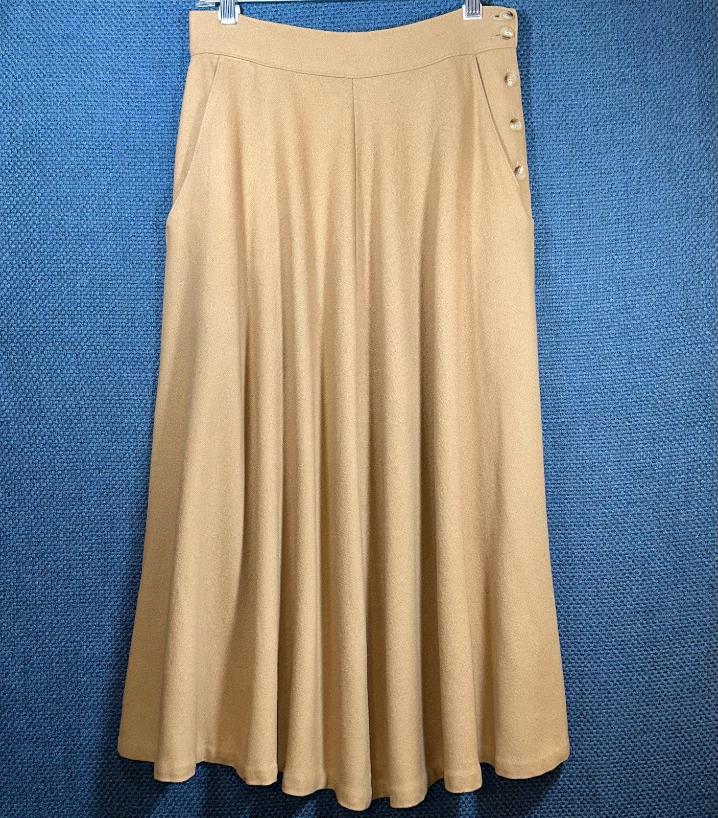 Vintage 100% Wool Skirt Camel Tan A-Line Midi Side Button USA Made 12 Pockets