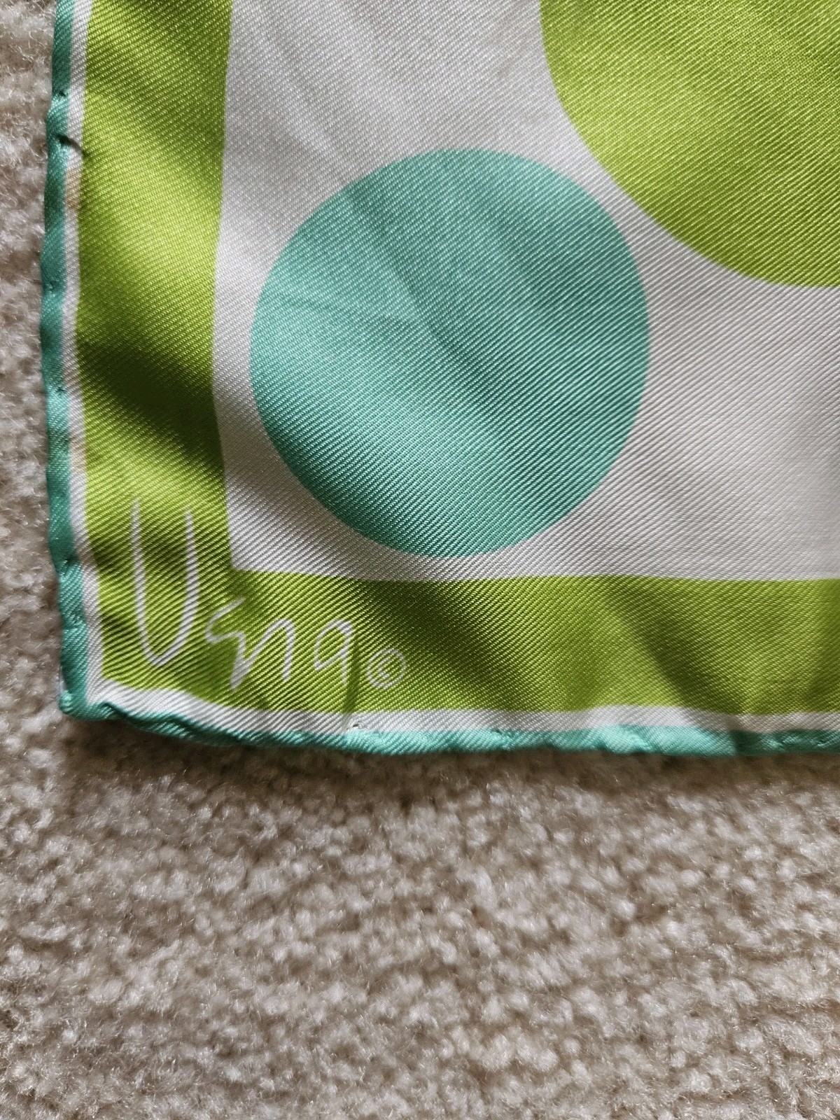 Vintage Vera Neumann Square SILK Green TURQUOISE Blue Polka Dot Scarf Geometric
