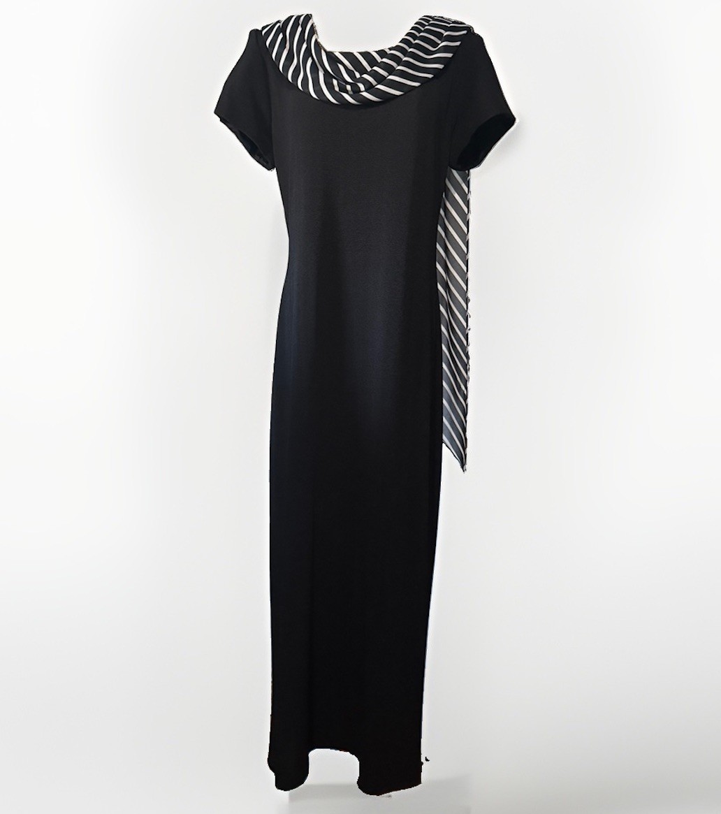 (14) SHERI MARTIN VINTAGE Floor Length Black Gown w/ Black &White Neckline Scarf