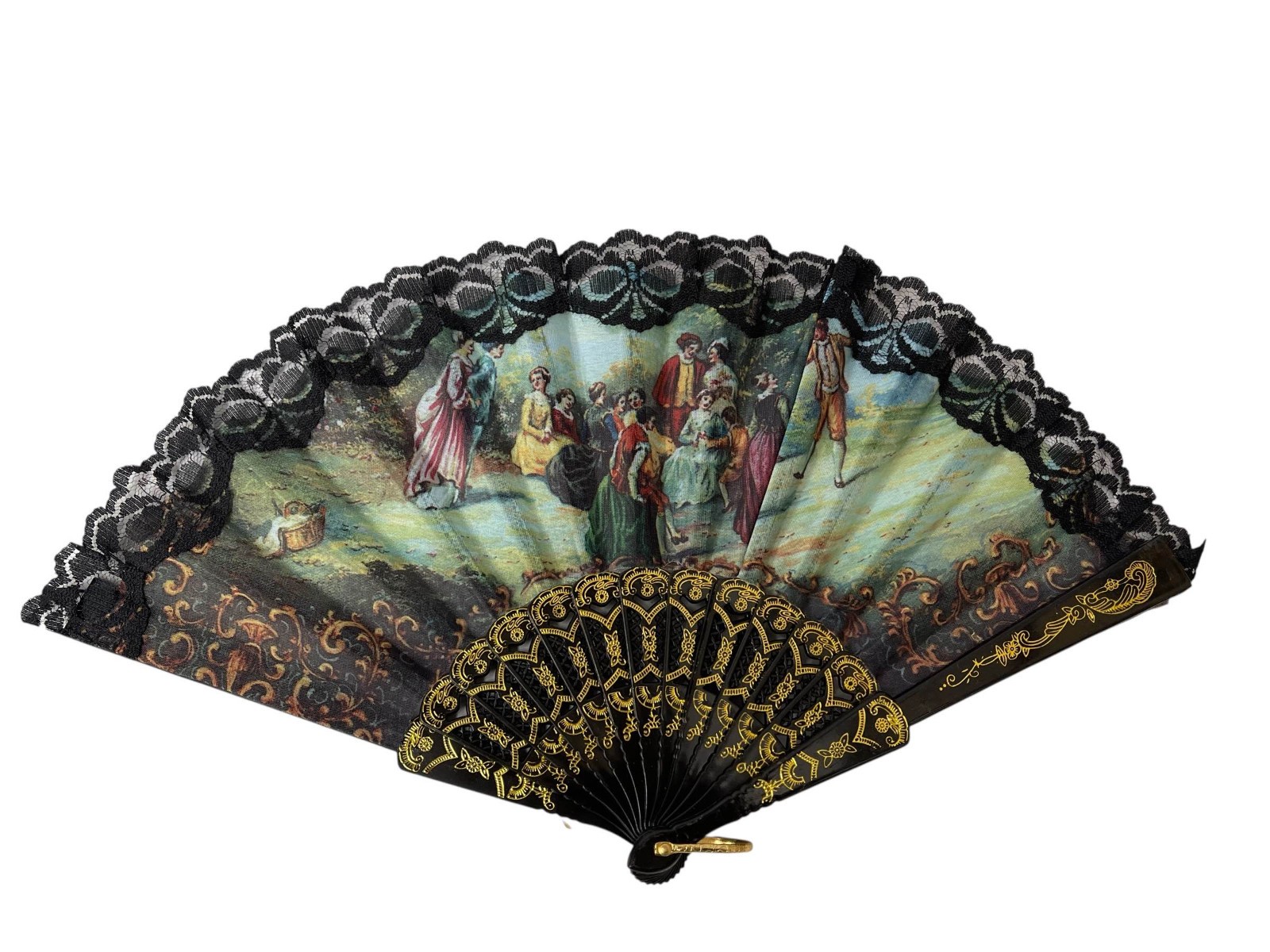 BLACK OR WHITE PLASTIC FAN AND FABRIC ANTIQUE PICTURE PRINT CM 26 CLOSED