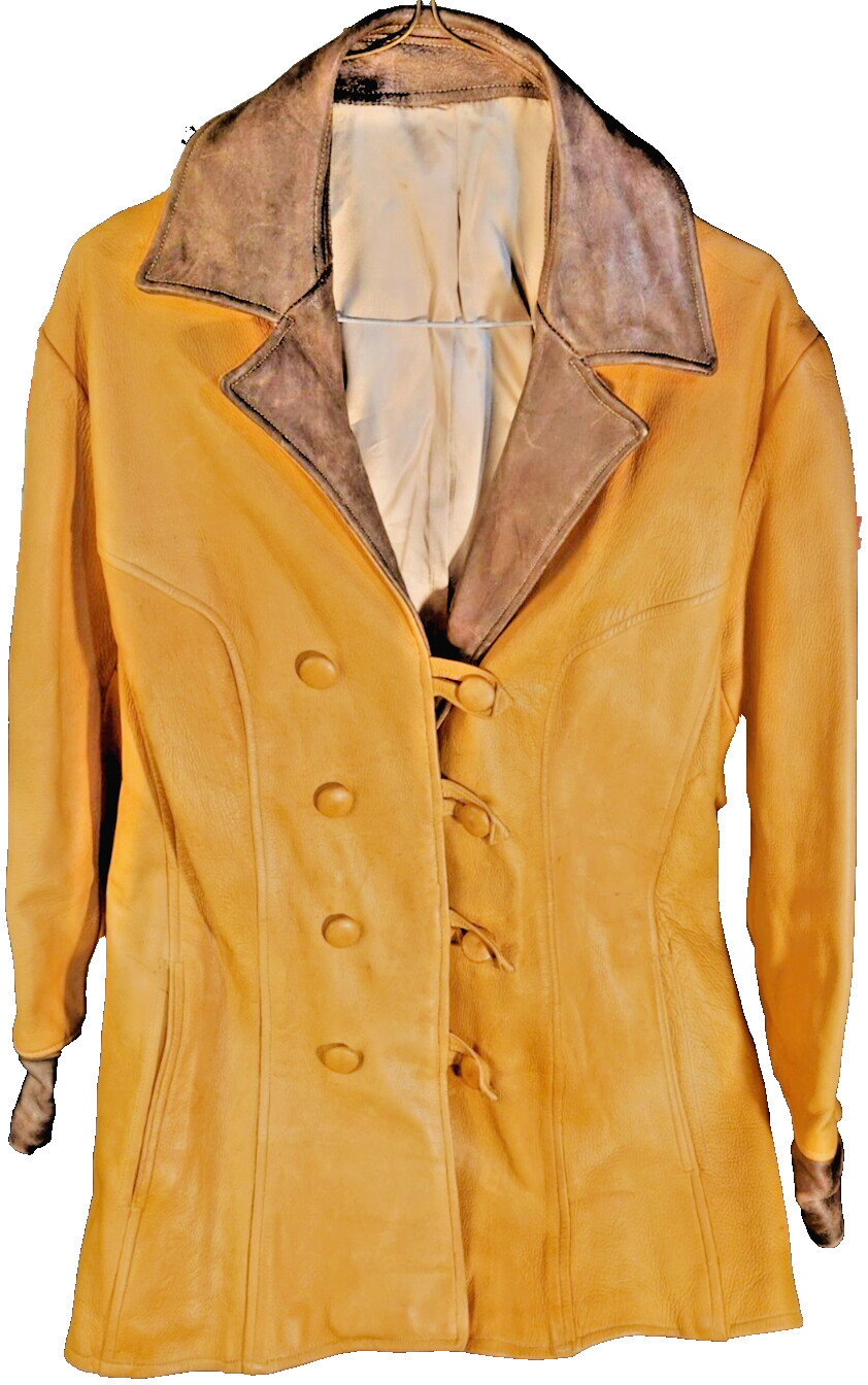 Vintage Adult Western Style Two Tone Tan and Brown Collared Leather Jacket Coat