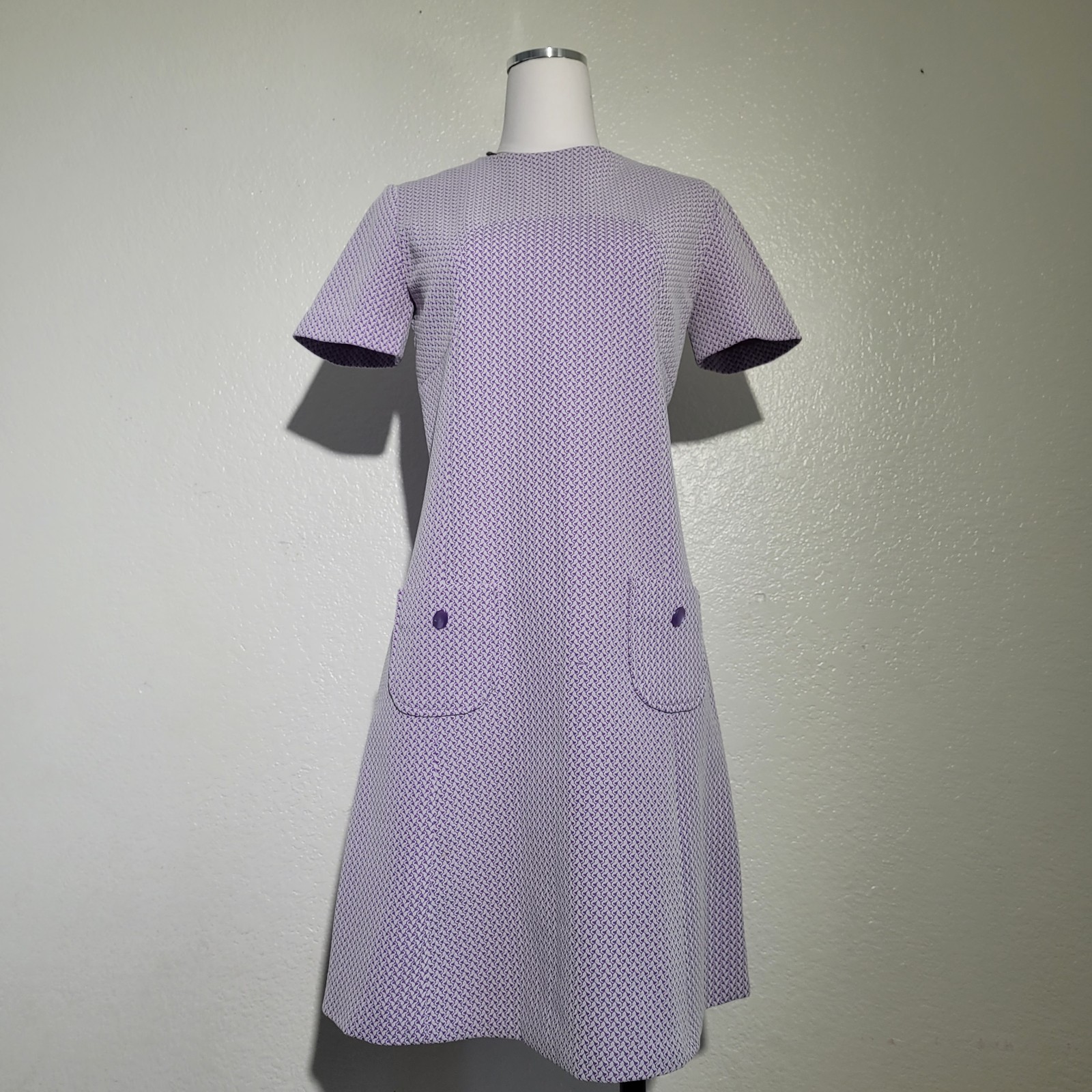 Vintage 60s Purple and White Mod GoGo Dress Back Zipper Front Pockets