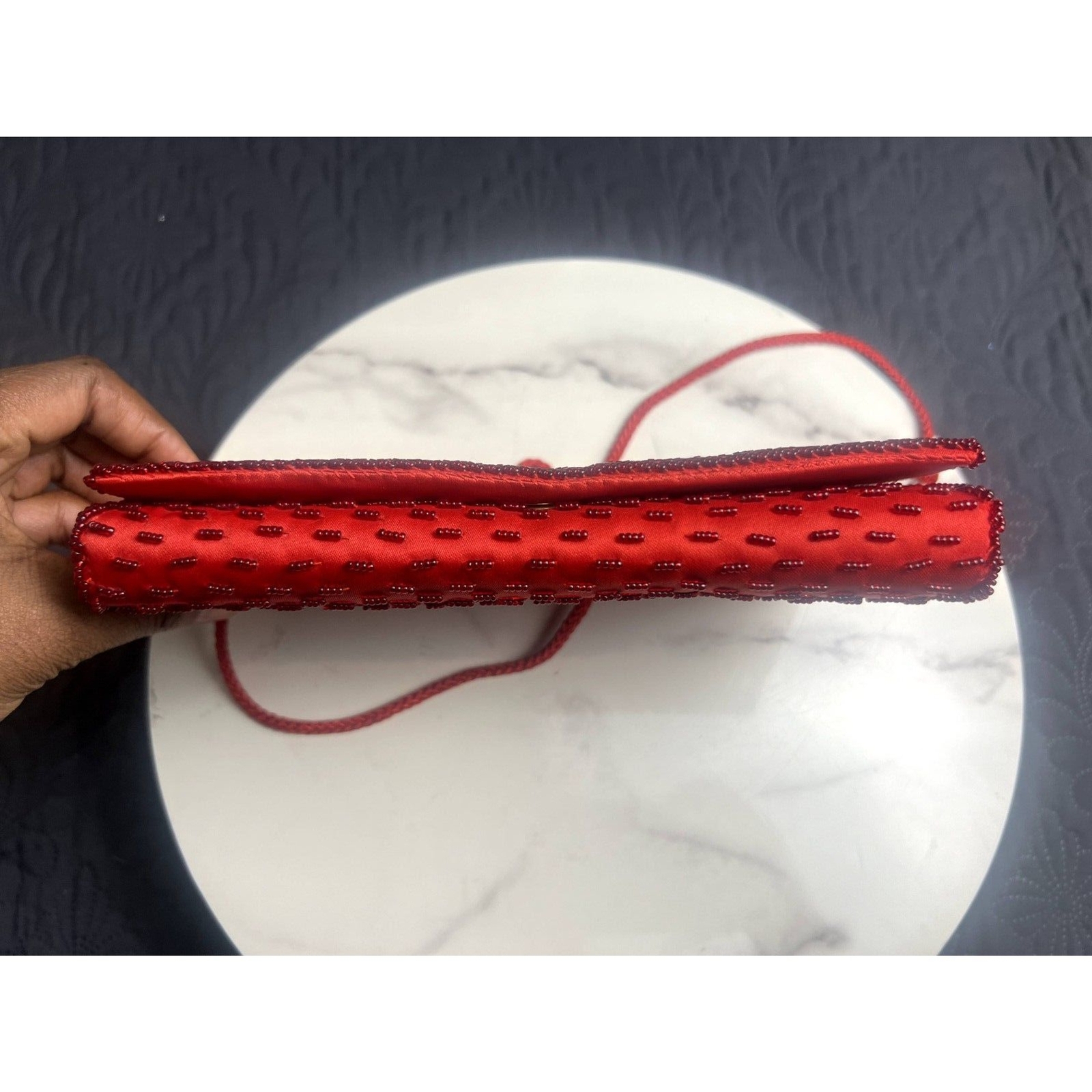 Vintage 80’s Lindsey Blake Red Satin Beaded Clutch Evening Bag Glam:Pre-Owned