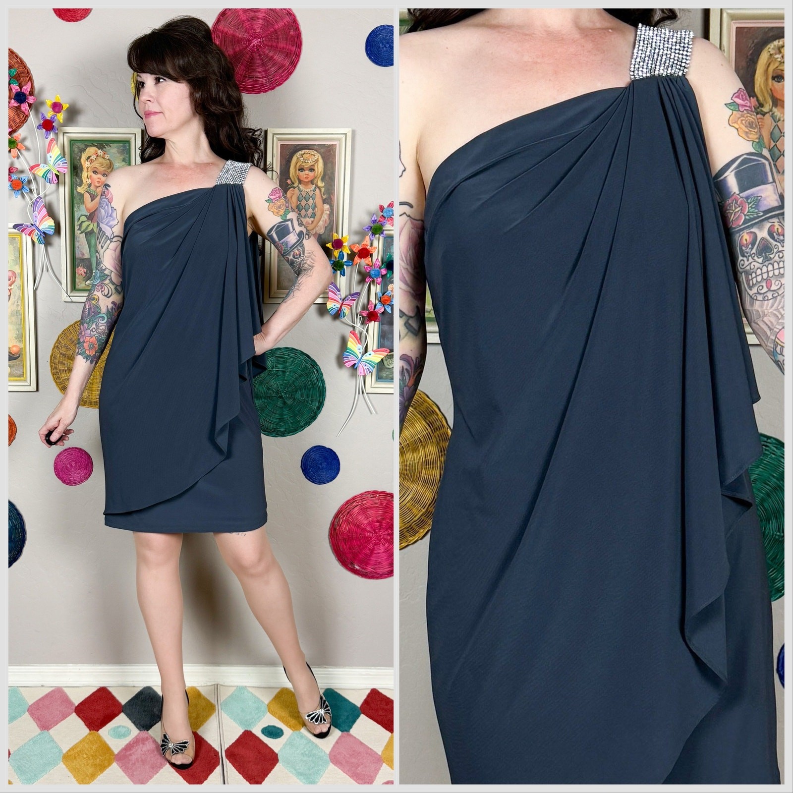 Vintage Y2K Caché Grey One Shoulder Grecian Drape Minidress | 30″-32″ Waist