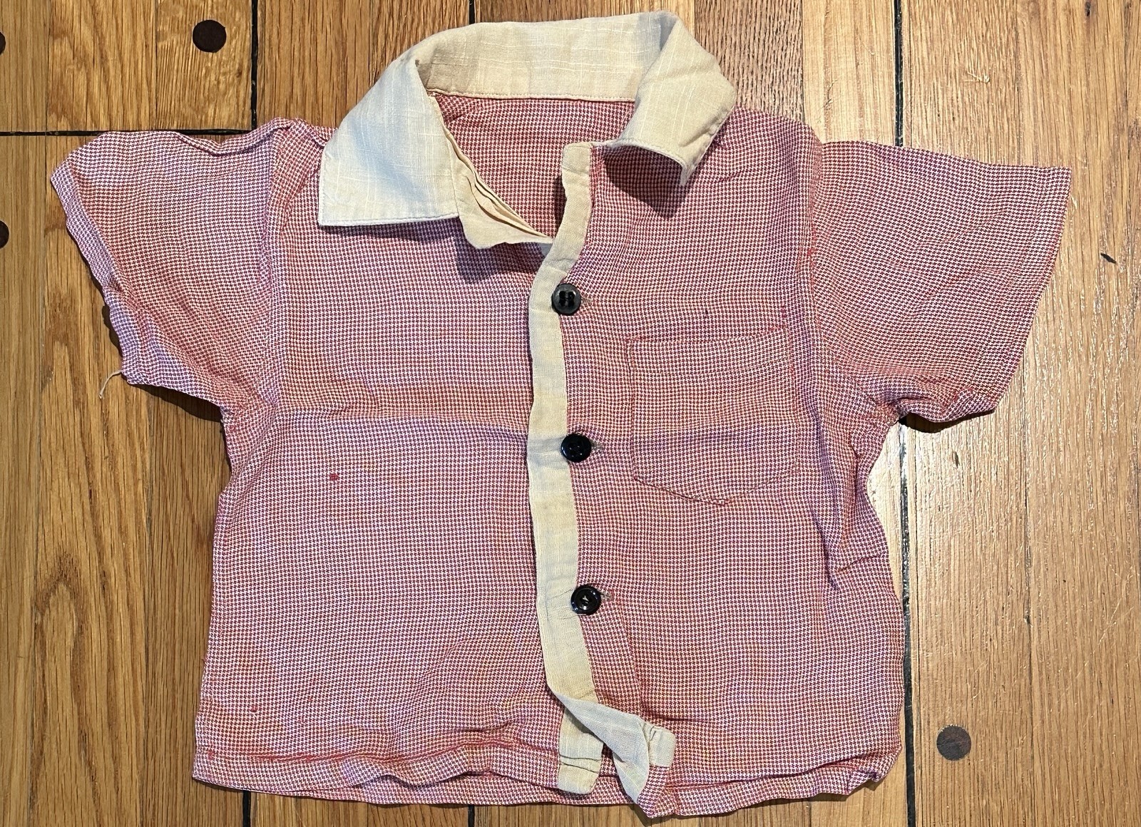 VINTAGE 50s TODDLER CAMP SHIRT RED WHITE HOUNDSTOOTH CONTRAST COLLAR 12-18M 2T