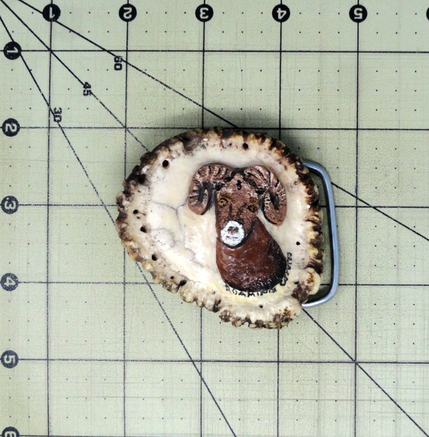 Western Antler Burr Bighorn Ram Artwork Belt Buckle Hunter Vtg Artisan .GMP805