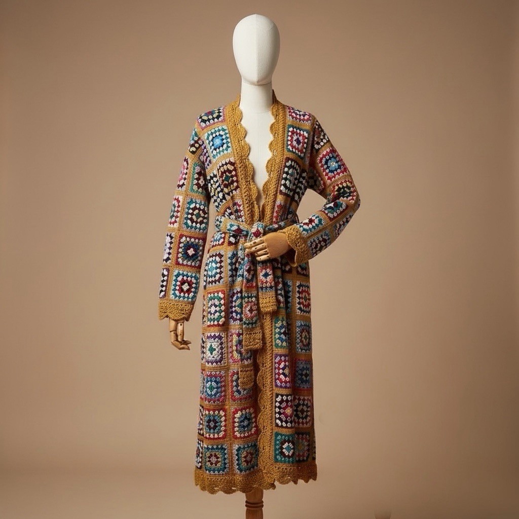 Vintage Italian Macrame Women’s Crochet Rainbow Quilt Duster Sweater Coat Large