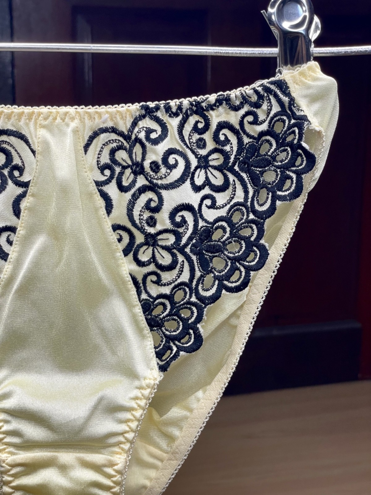 Vintage Light Yellow Nylon Panty Slippery High Leg Briefs Black Lace Bikini Sz.5