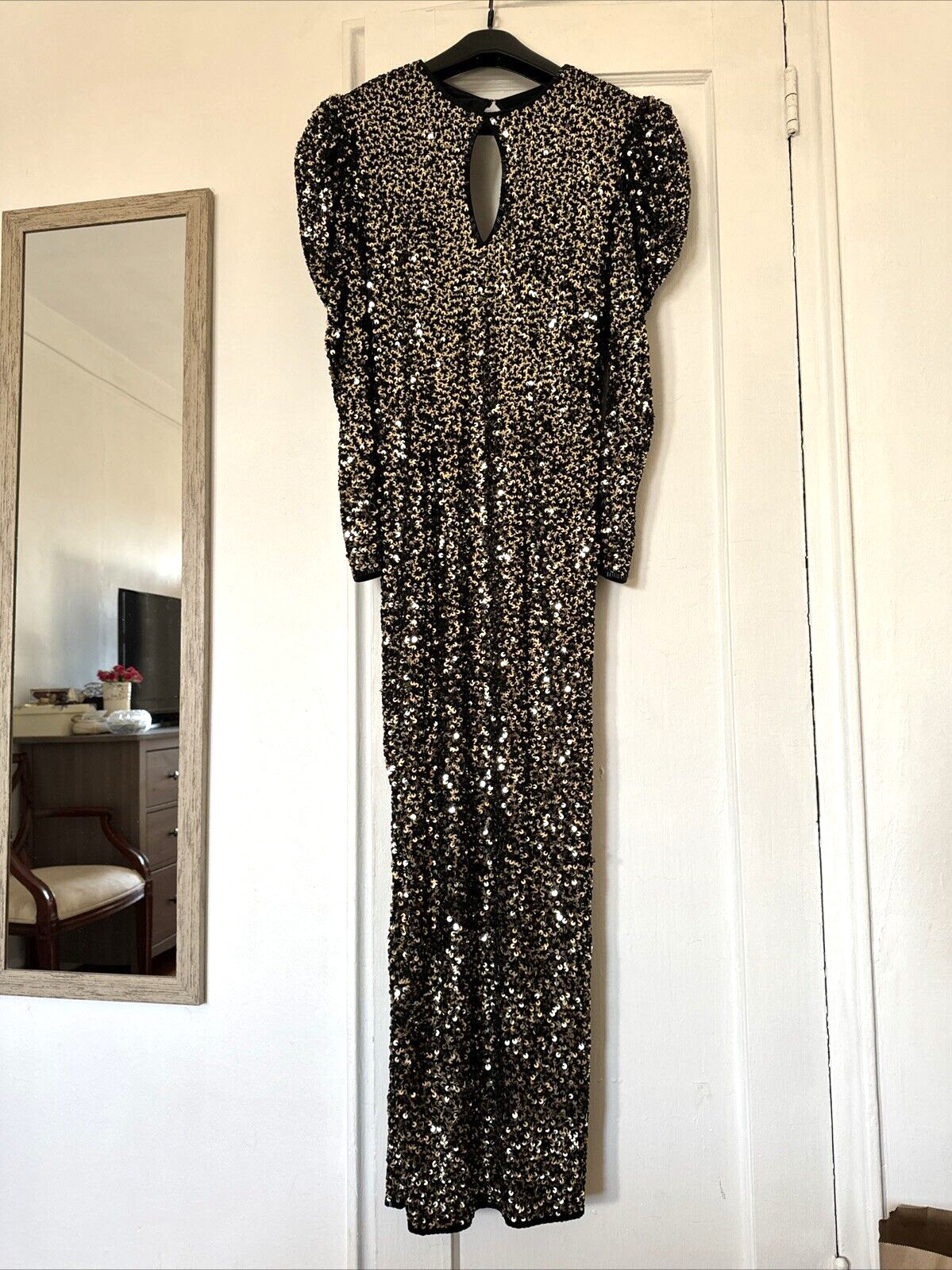 FAB! Vintage Black Tie He-Ro Womens Long Dress Black Beaded Sequined 80s S-M