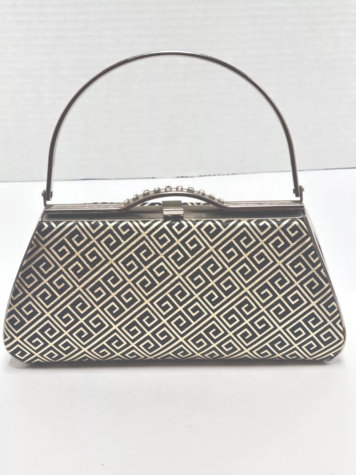 RARE VTG Formal Evening Clutch Gold Greek Key On Black Silver Hardwear Hinged 8”