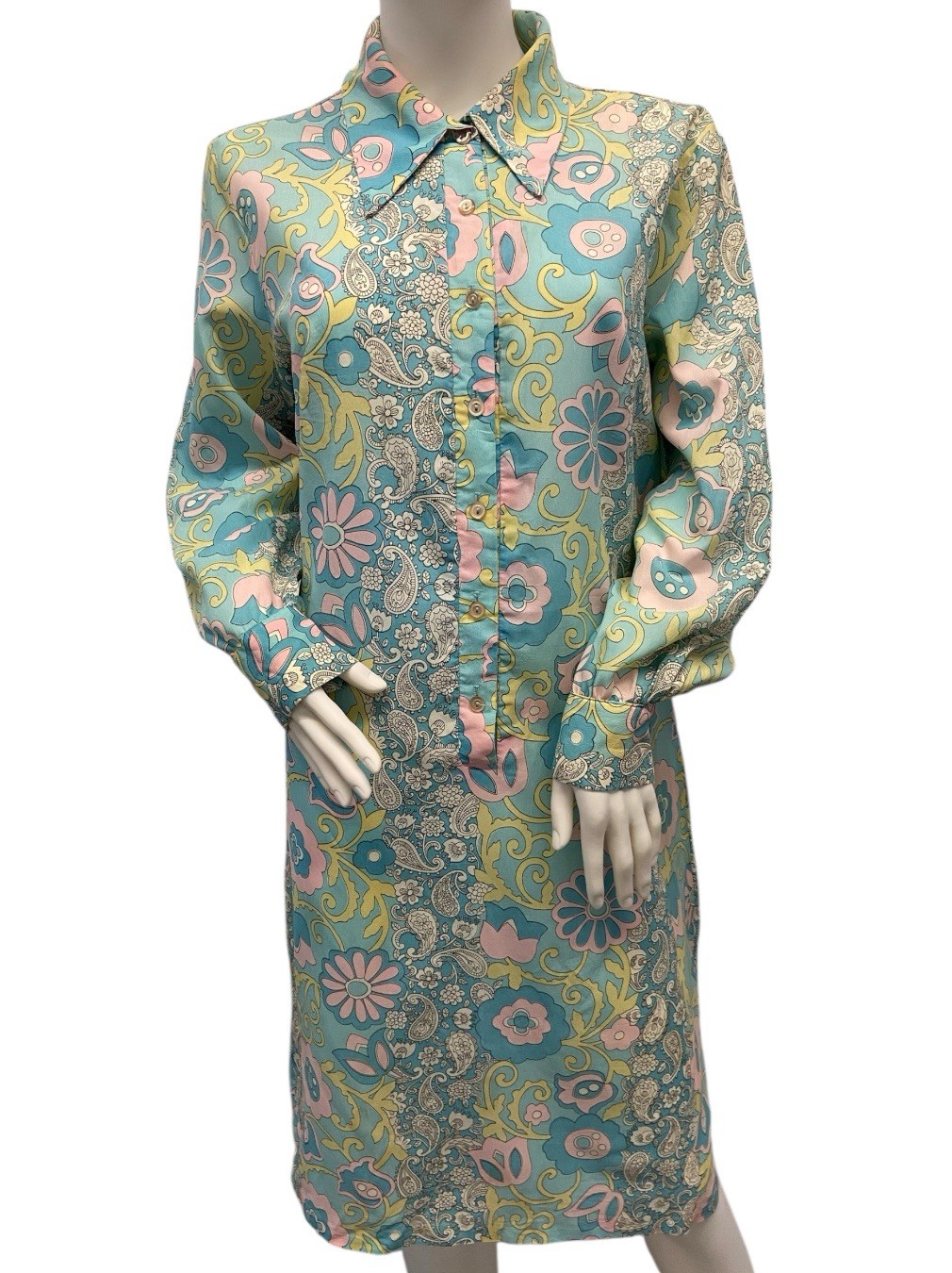 70s Blue Pastel Floral Paisley Psychedelic Long Sleeve Shirt Dress Women’s M/L