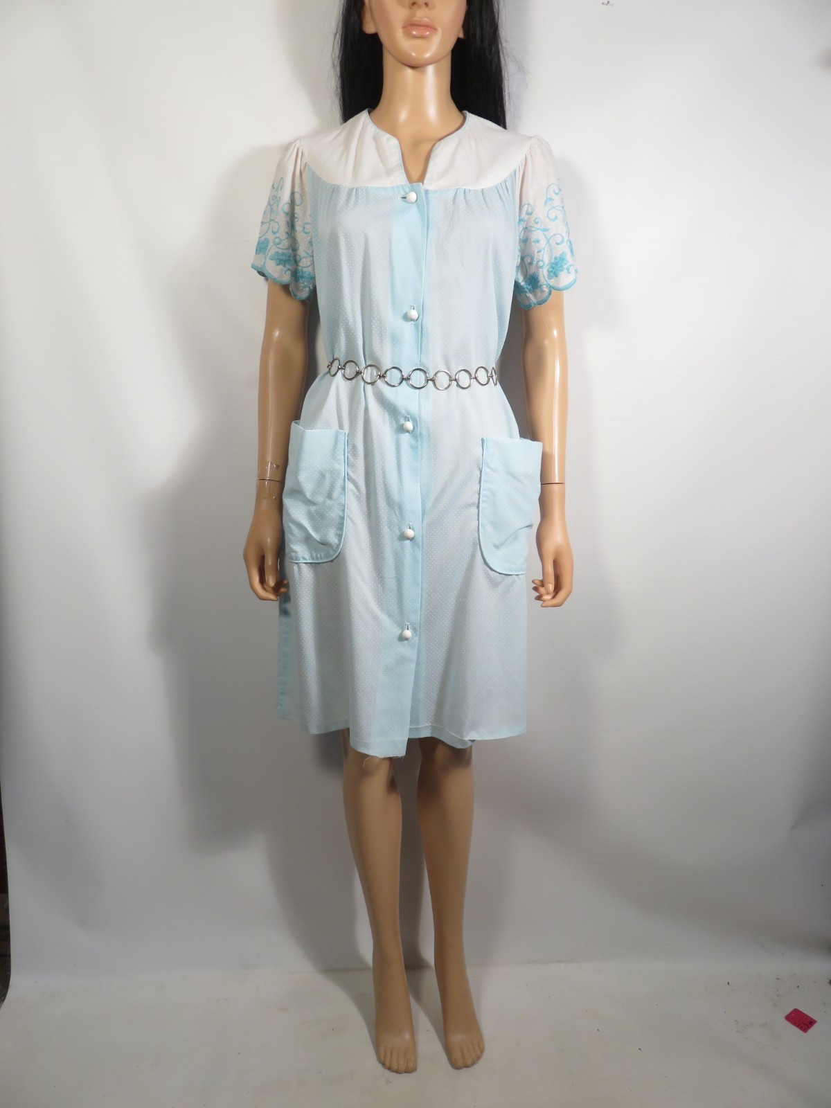 Vintage 60s/70s Dotted Swiss Button Front Housecoat Robe Nightgown Size L