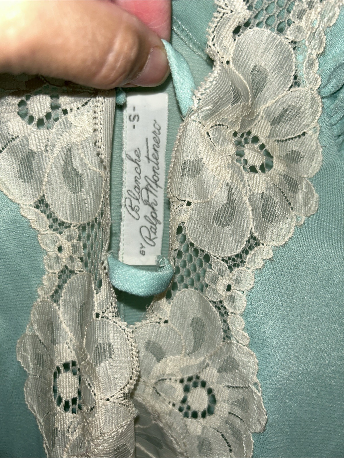 Blanche Ralph Montenero Seafoam Blue Slip Dress Lingerie Small Low V Lace Vtg
