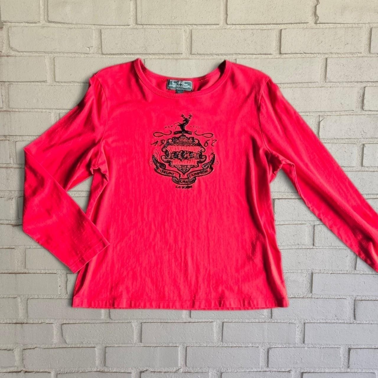 90s y2k Ralph Lauren Sport T-Shirt, Red Cotton Black Embroidered, Petite Large