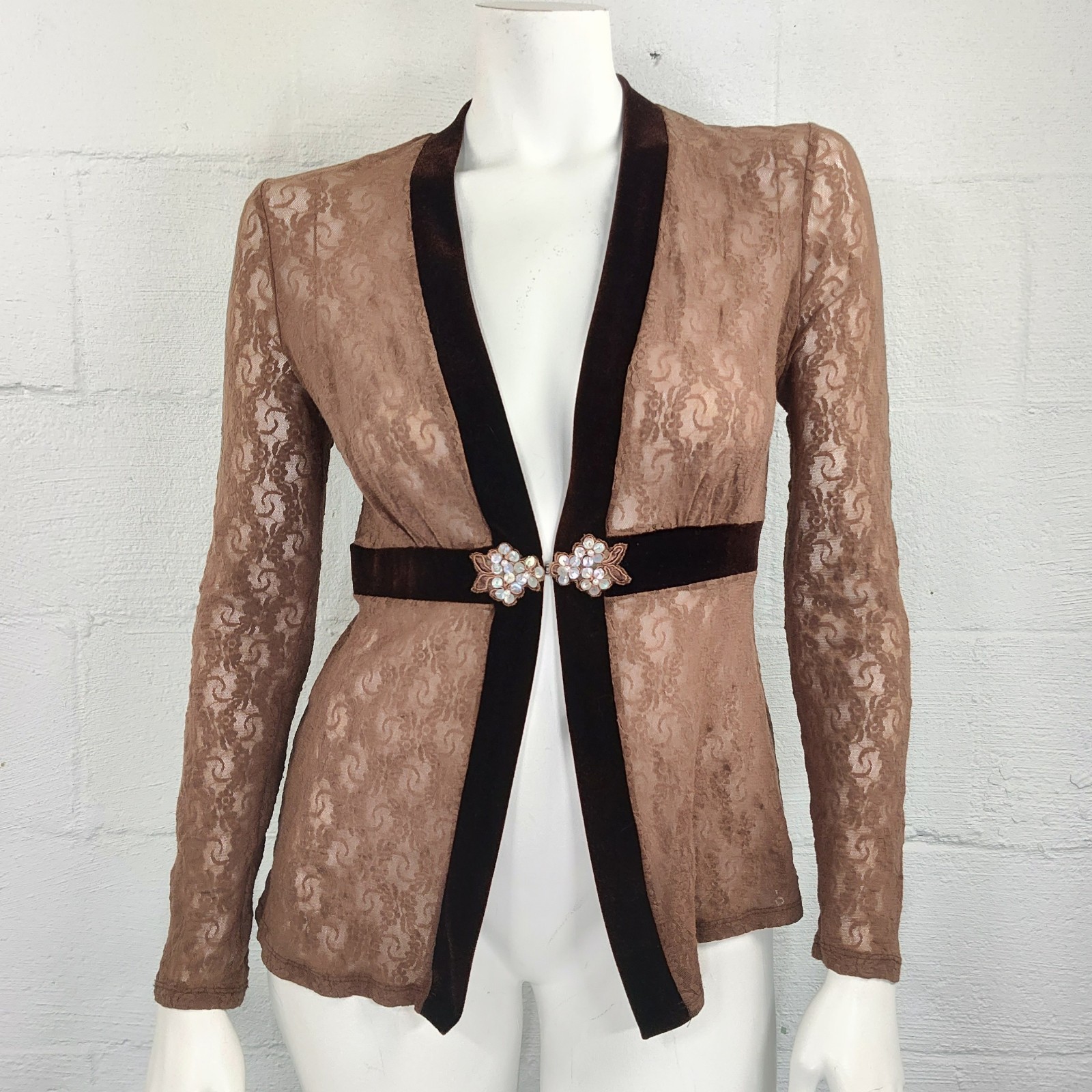 Only Hearts Vintage 90’s Tan Brown Open Front Stretch Lace Cardigan Top Size L