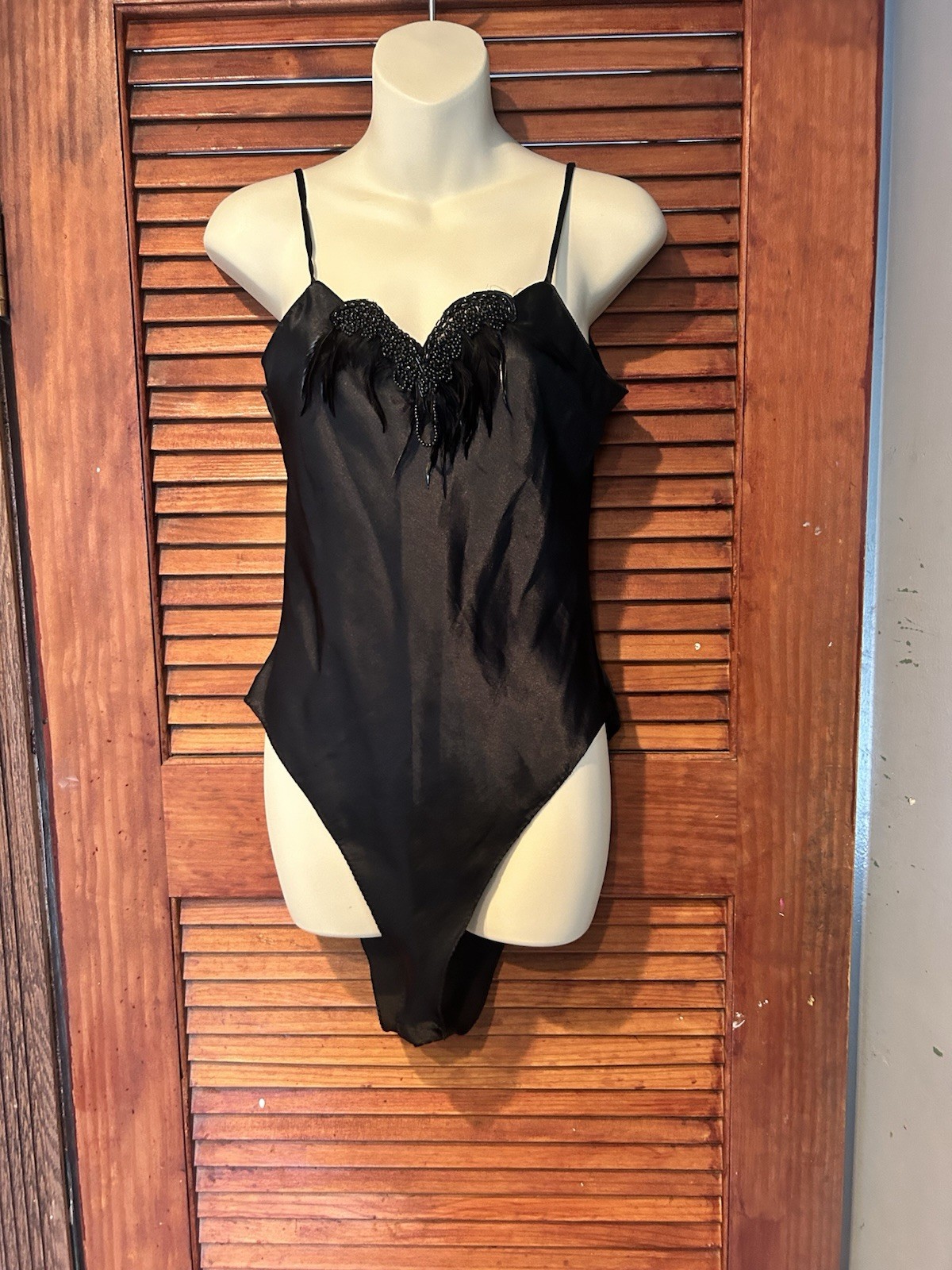 Vintage Faris Hi-Cut Black Satin Teddy Bodysuit Lingerie Size Medium Snap