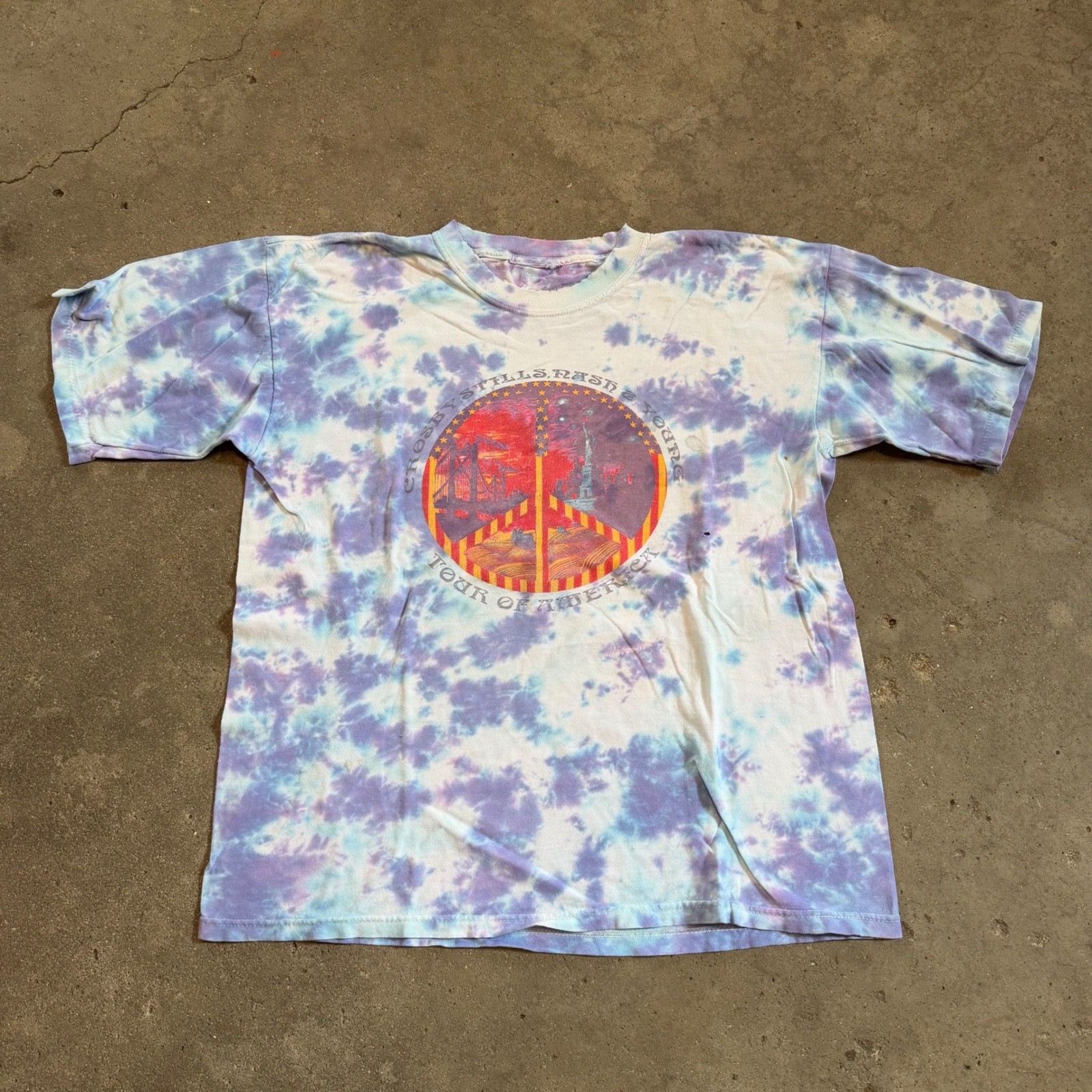 Vintage CSNY Crosby Stills Nash & Young Tour T-Shirt XL Purple Tie Dye 90s Band
