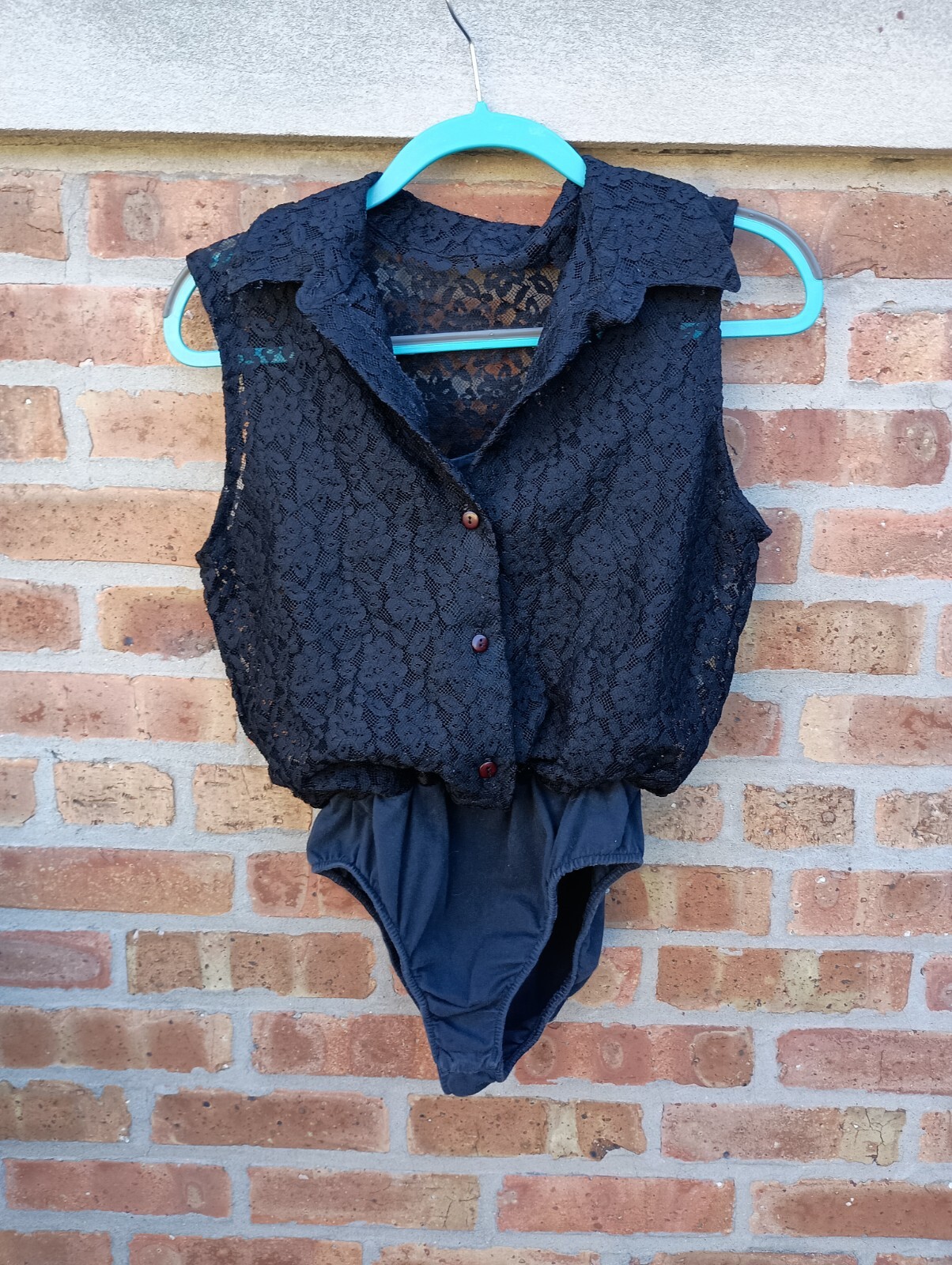 Vintage 1990s bodysuit Marnie West Black Lace Blouse M/L leotard snap bottom