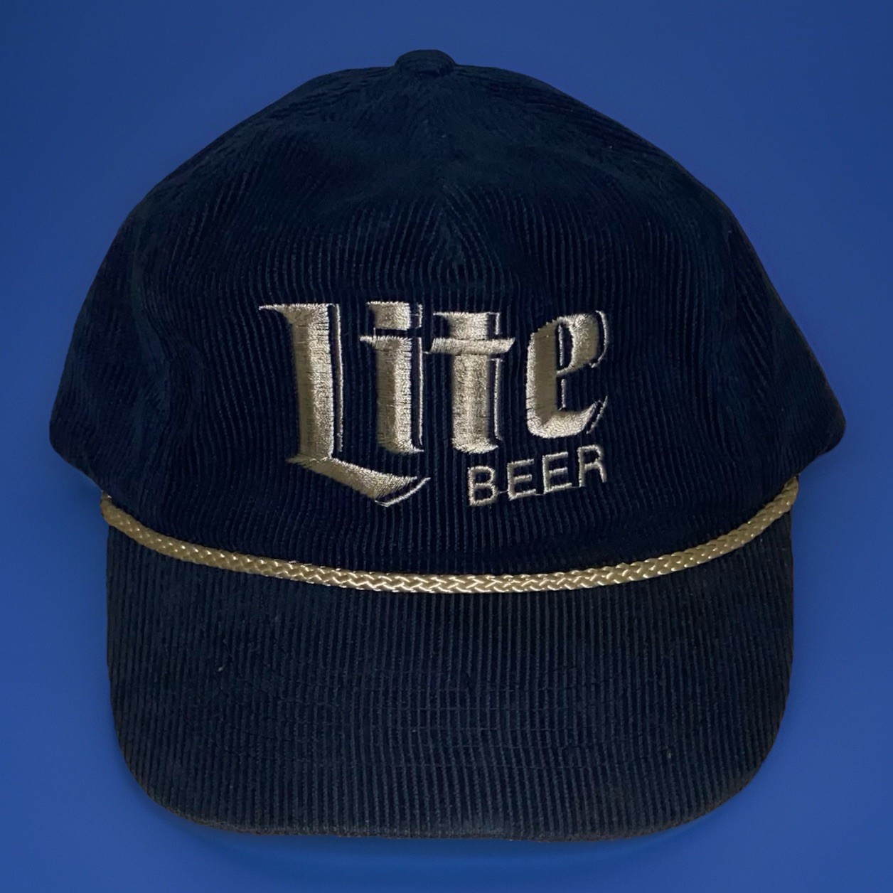 Vintage 1980s Miller Lite Blue Corduroy & Leather Strapback Hat One Size USA EUC
