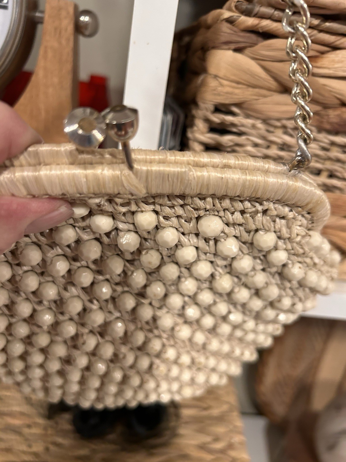 1950’s Dayne Taylor Beaded Handbag Off-White Kiss Clasp Vintage From Boho Hippy