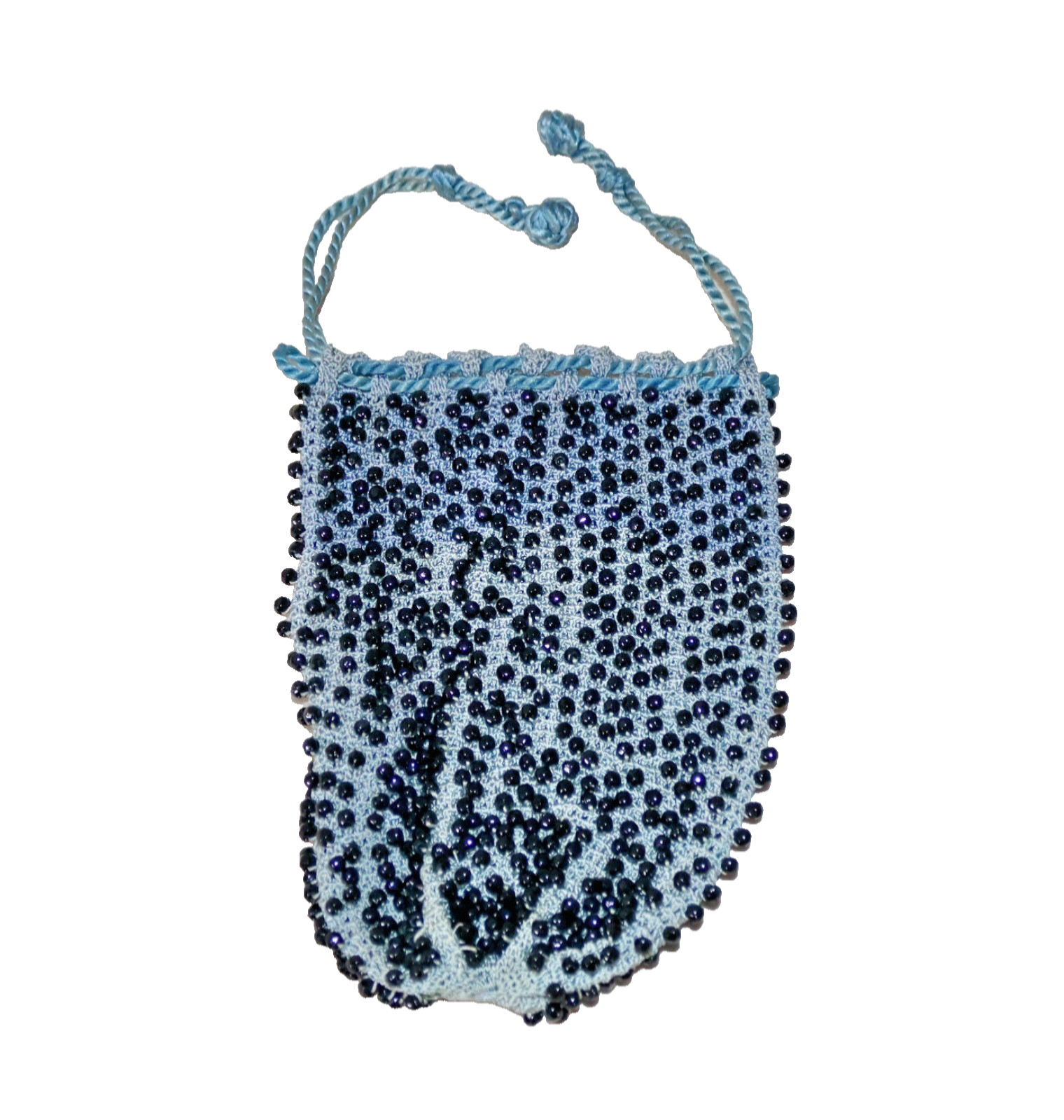 Blue With Black Beads ~ Vintage Art Deco Drawstring Bag Wristlet Coin Purse