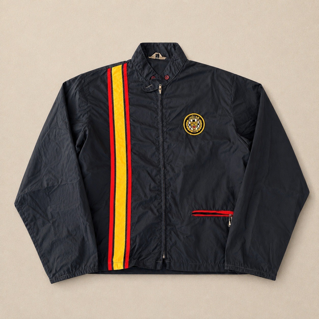 Vintage 70s K Mart Jaguar Racing Japan Jacket Navy Blue Yellow Red Stripe L