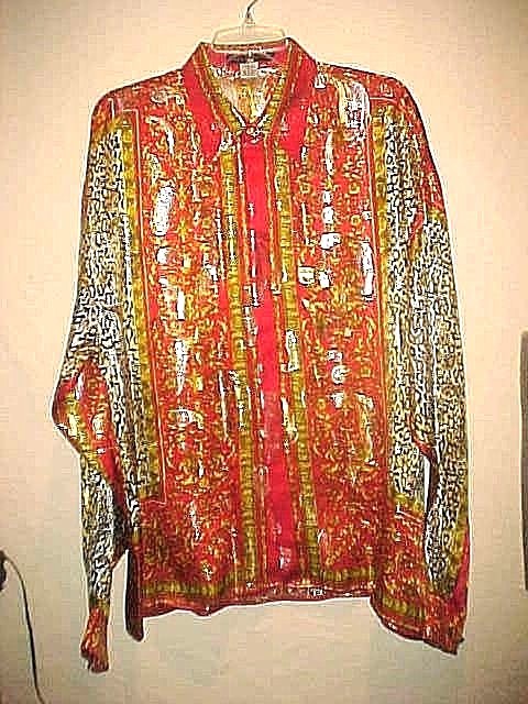 VINTAGE MEN’S METALLIC SATIN METALLIC SILK SHIRT ANIMAL PRINT RED & GOLD XLARGE