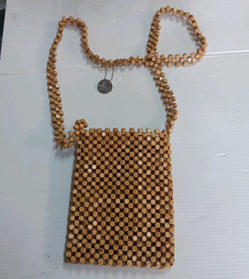 Chateau Vintage Wood Bead Crossbody Purse Bag