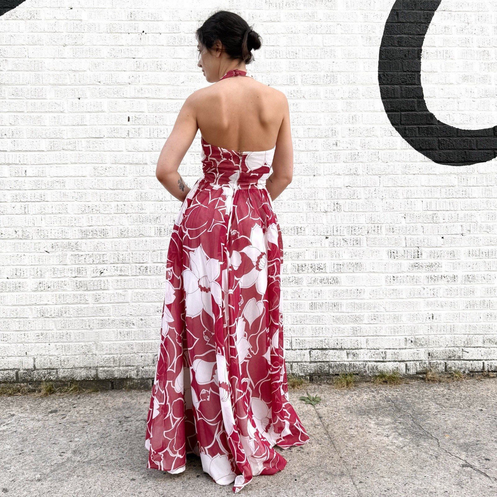 1970’s Red & White Floral Maxi Halter Dress • XS