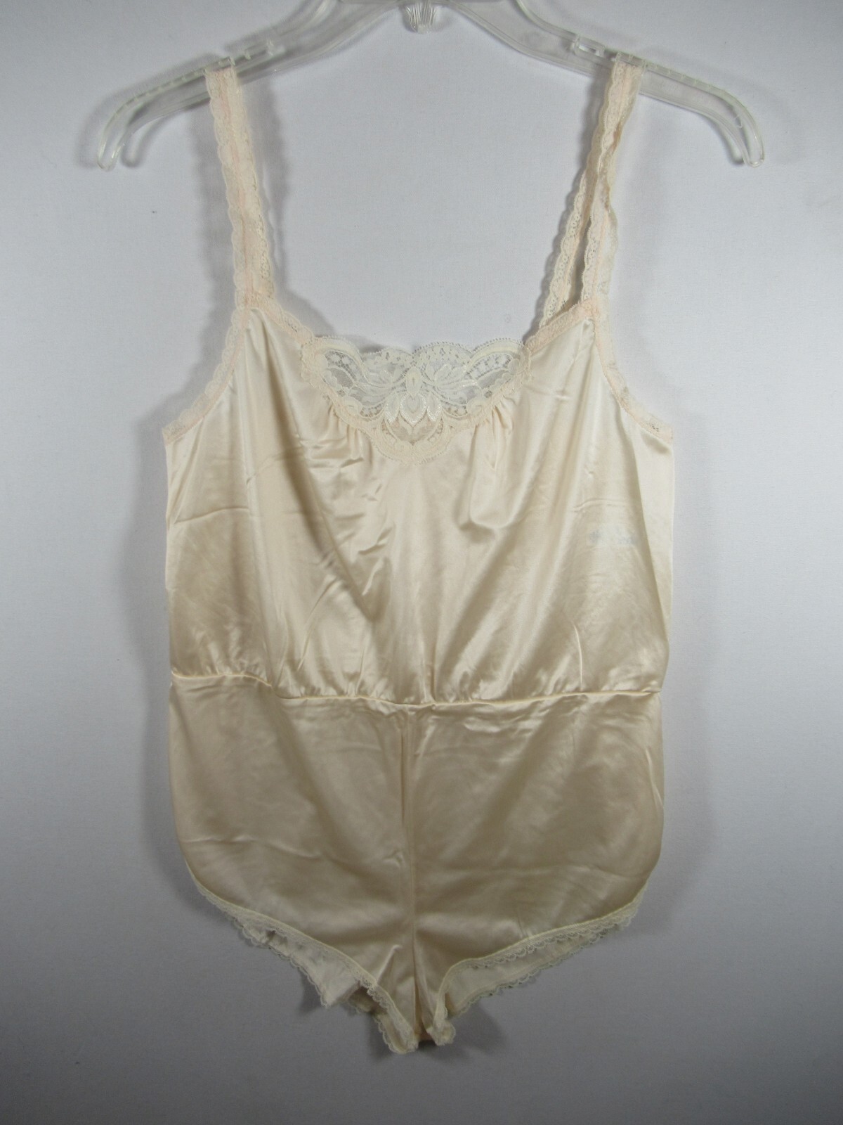 Vintage 90s Olga Satin Teddy Romper Women Small Blush Pink Nylon Lace 11007