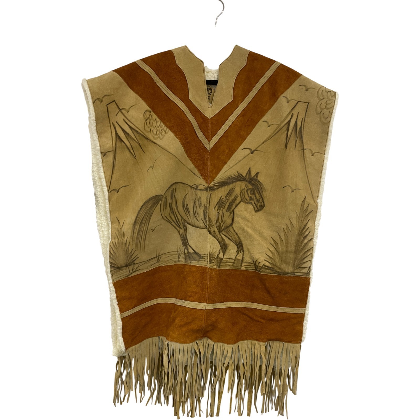 Vintage Western Suede Leather Poncho Cape Brown Cowboy Horse Design Fringed