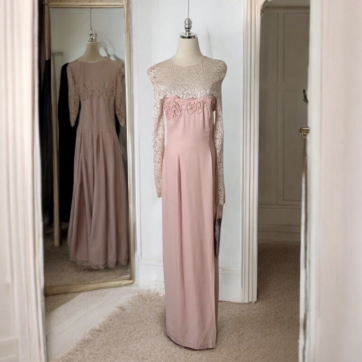 Loralie Vintage Maxi Dress Size 8 Pink Lace Bodice Soutache Side Slit Sheath New
