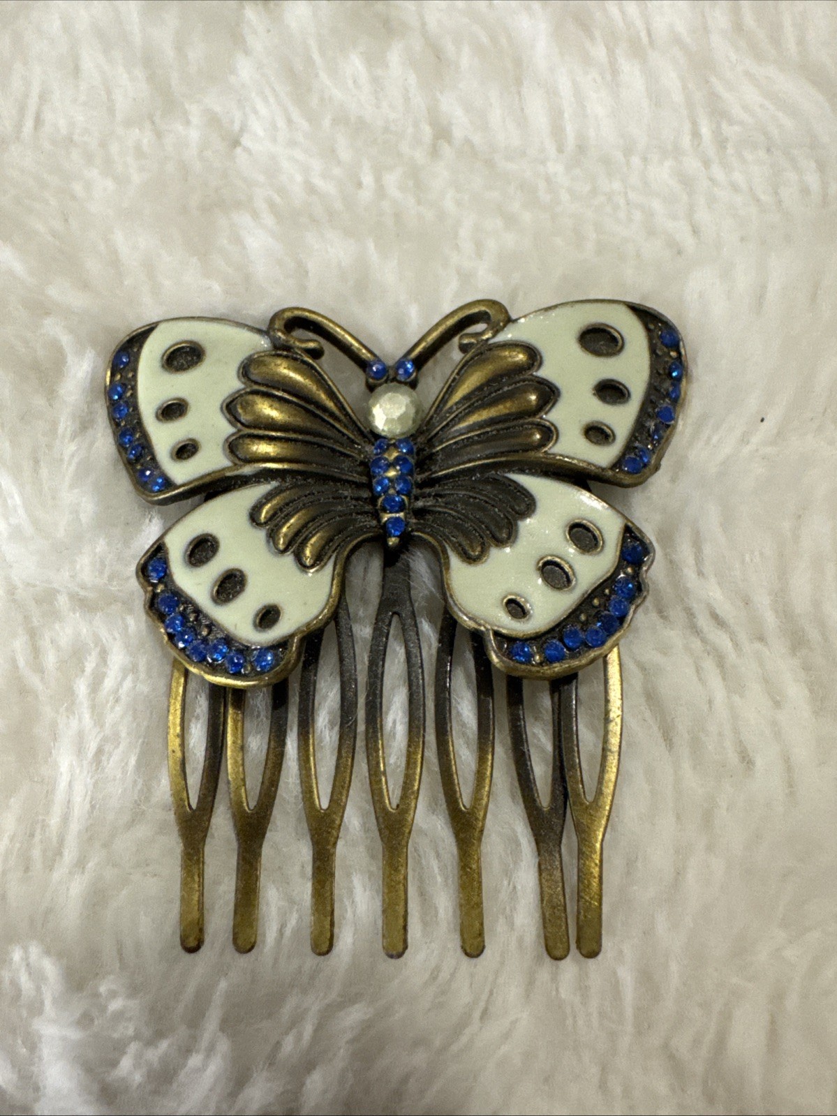 Vintage Blue Enamel Butterfly/Antique Gold Finish/rinestone Hair Comb Accessory
