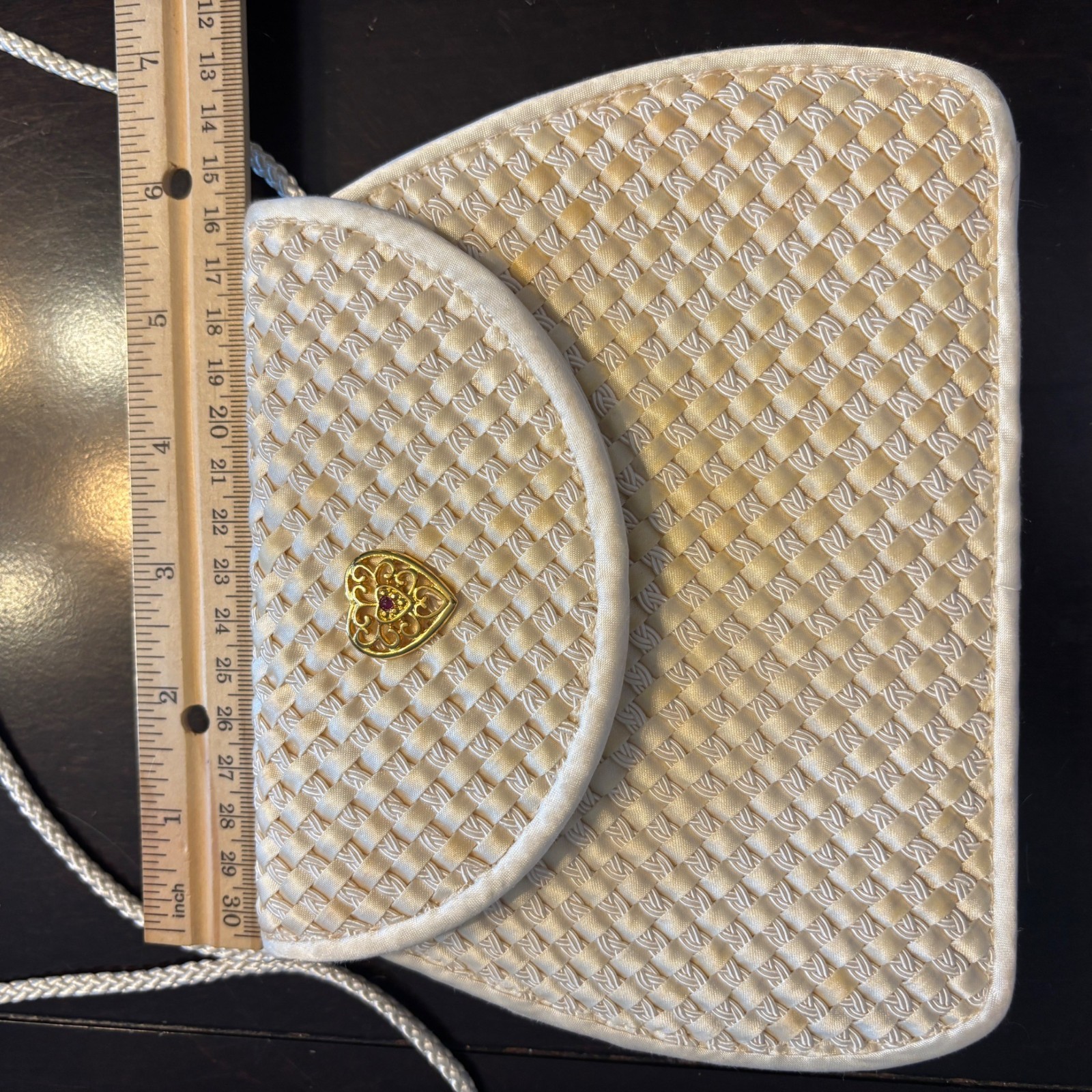 Vtg Bechamel Ivory Woven Satin Evening Bag w/ Gold Heart Accent Sweet $5 Ship