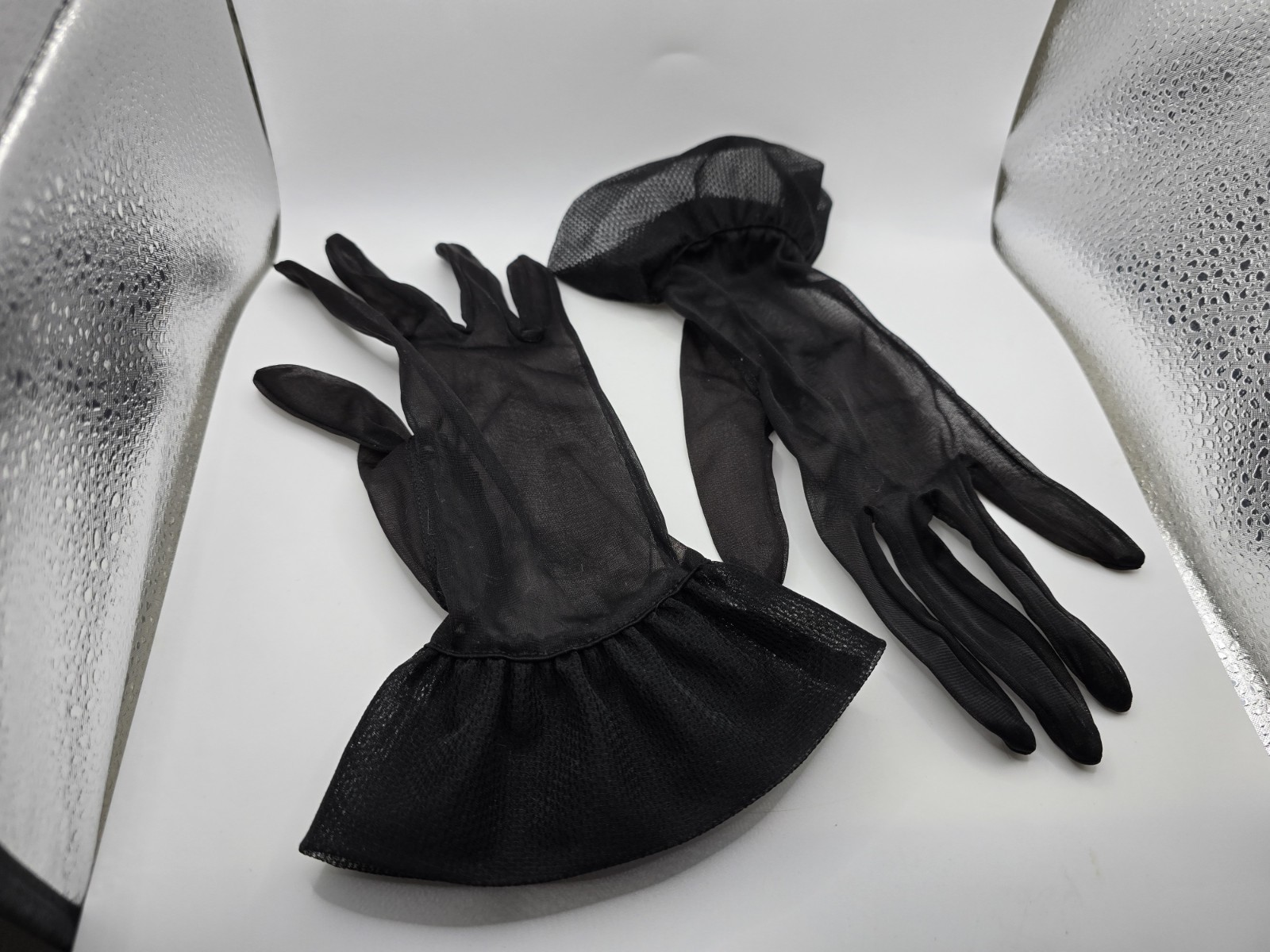 Vintage Black Sheer Chiffon Evening Gloves One Size Formal Ruffle Wrists Unlined