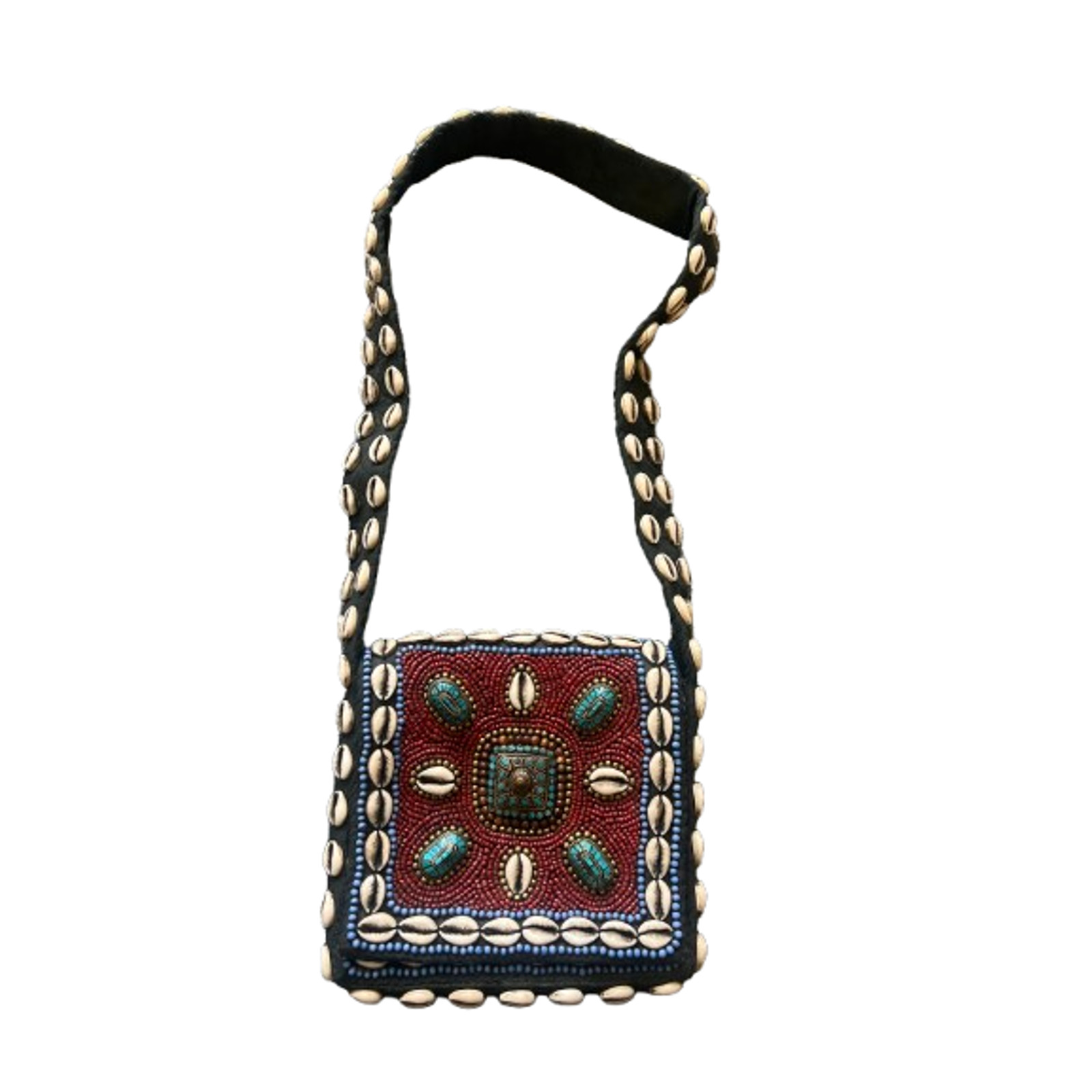 VTG Tribal Cowrie Shell Beaded Boho Ethnic Art Messenger Crossbody Bag Purse