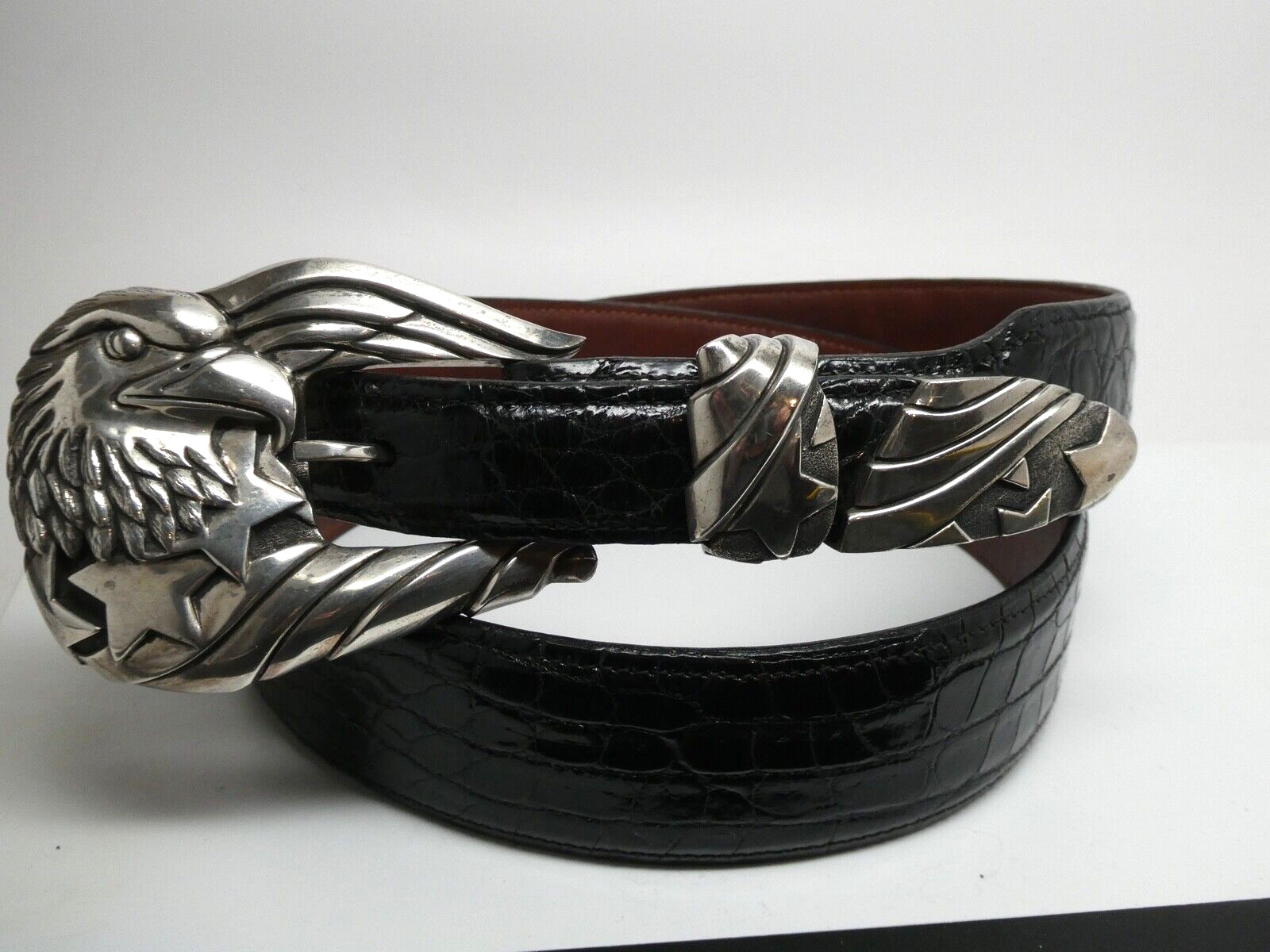 BIG AL Beres Sterling 925 FREEDOM EAGLE 3 Piece Buckle Set & Alligator Belt 36″
