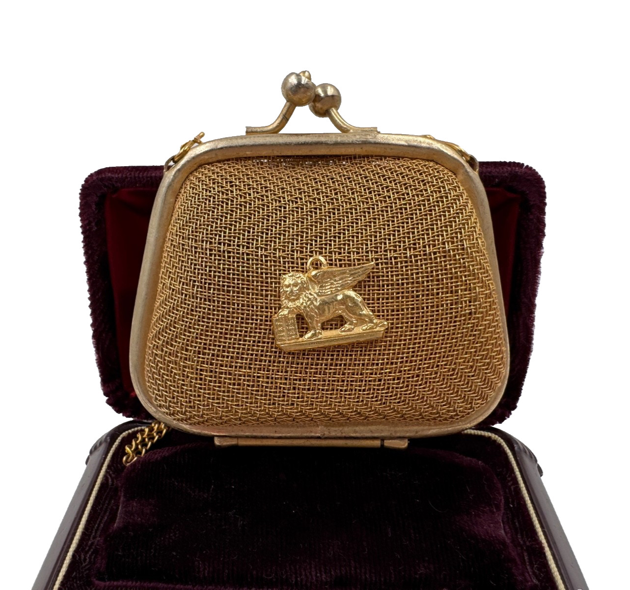 ANTIQUE EARLY 1920s GOLD MESH PURSE WINGED LION VENETIAN HANDBAG KISS LOCK CHAIN