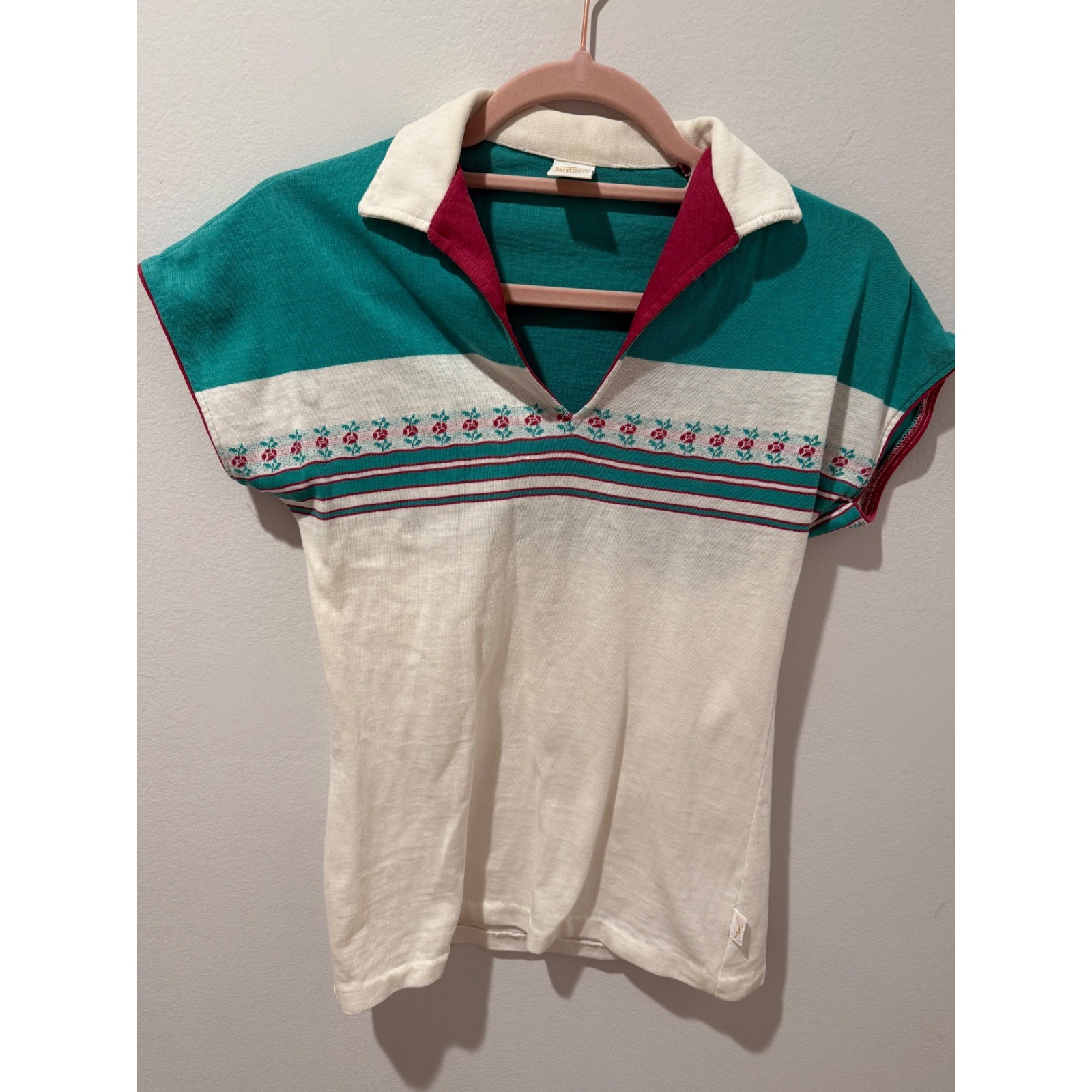 Vintage Jantzen 70s Teal White Floral Knit Polo Shirt Women Small Short Sleeve