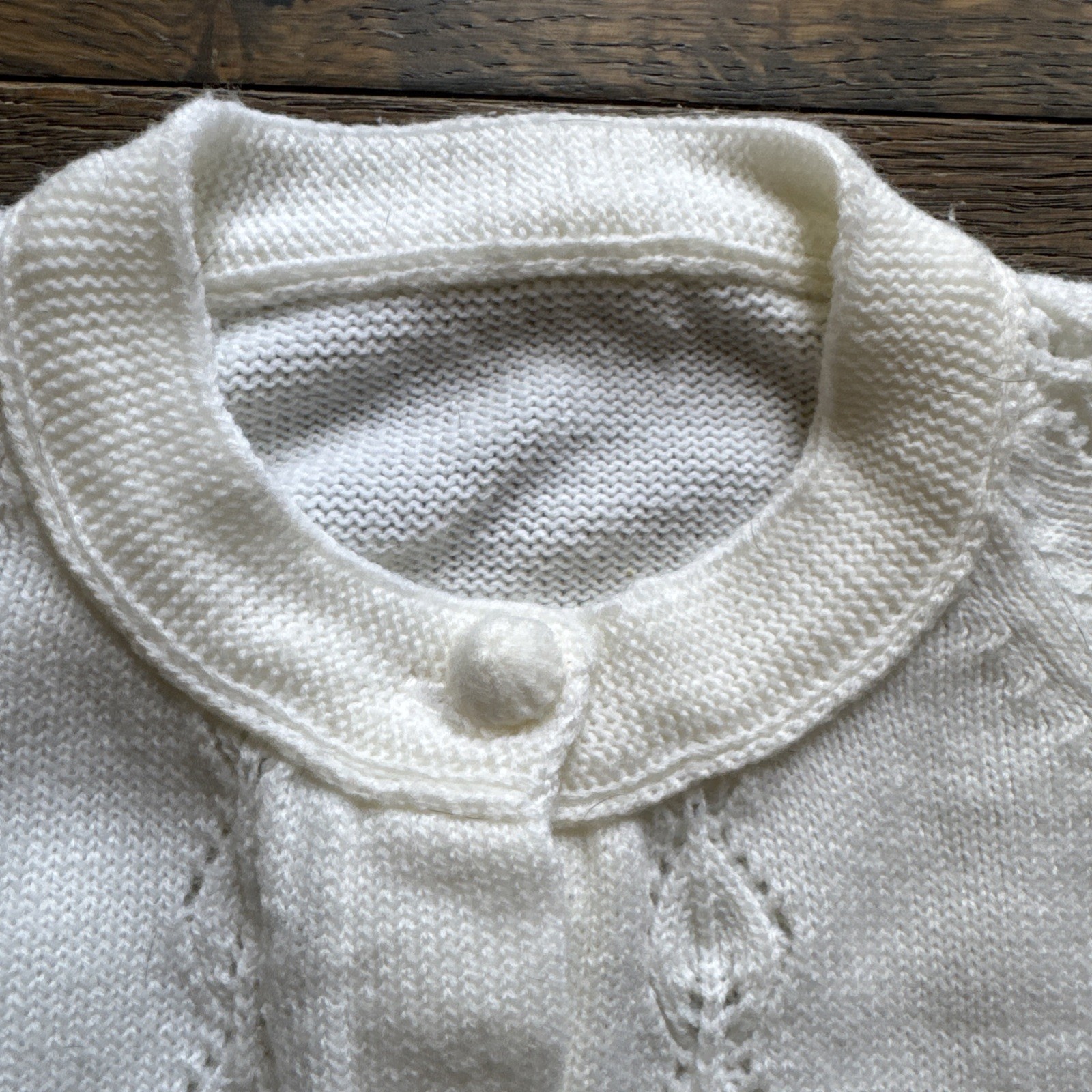Vintage Open Knit WOOL Granny Sweater Crochet Cardigan Size S-M Off-White Cream