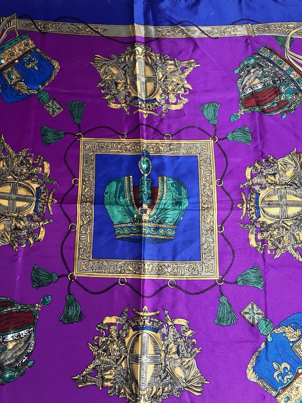 Retro scarf Royal Crown Mid Century 60s 70s Purple Blue Gold Green