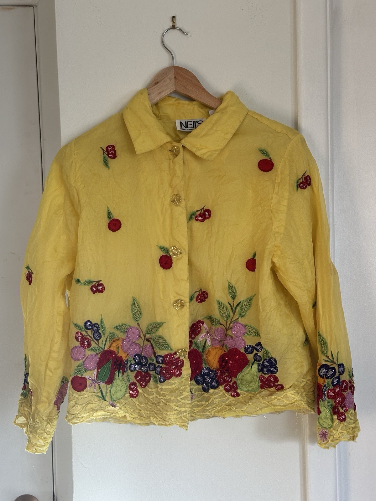 VTG Neil’s Silk Blouse Jacket XL Yellow Fruit Cherries Embroidery F16