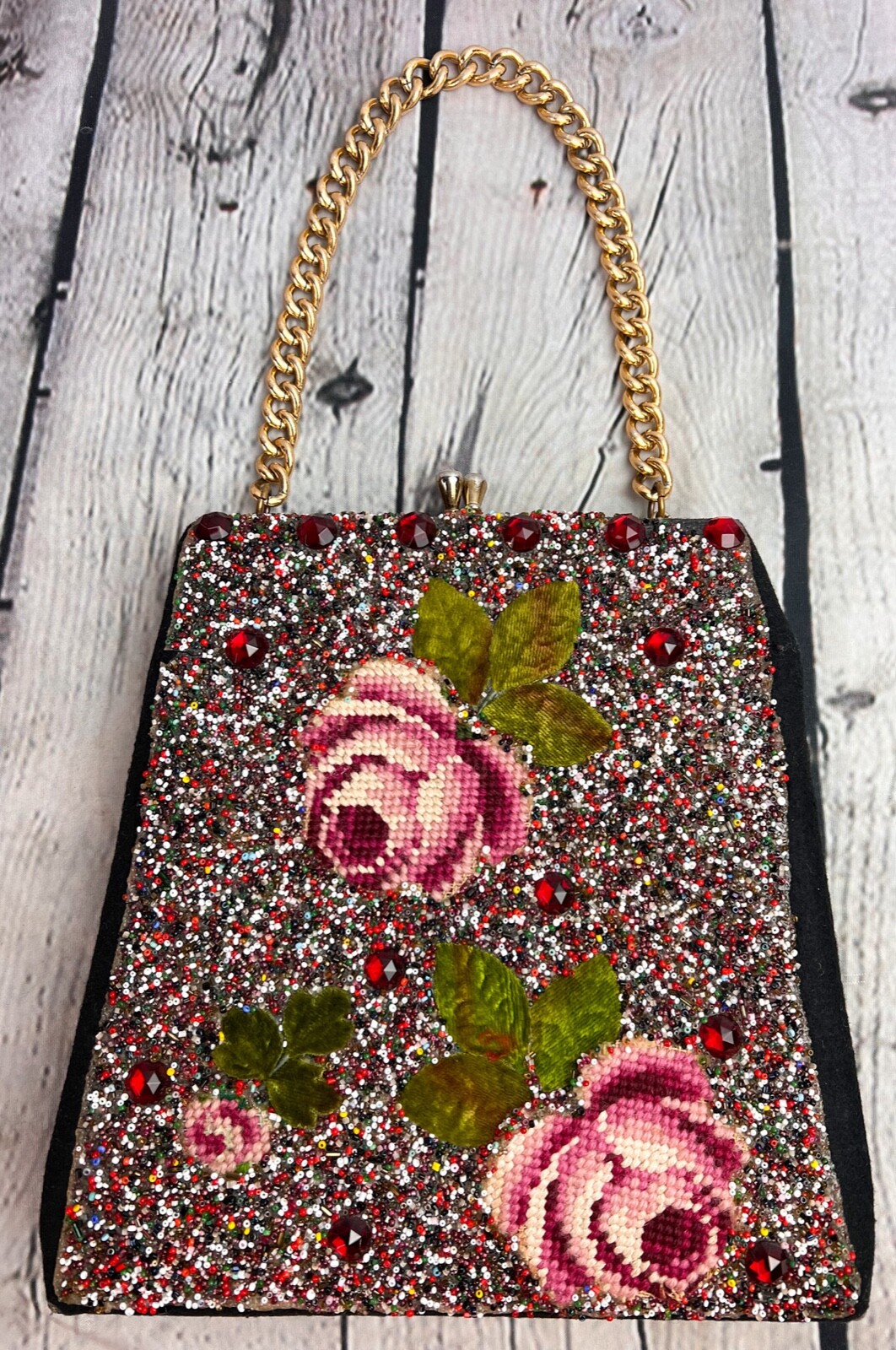 Vtg JOLLES-JUNIOR Black Wool(?) Floral Beaded Roses Handbag Gold Chain **READ**
