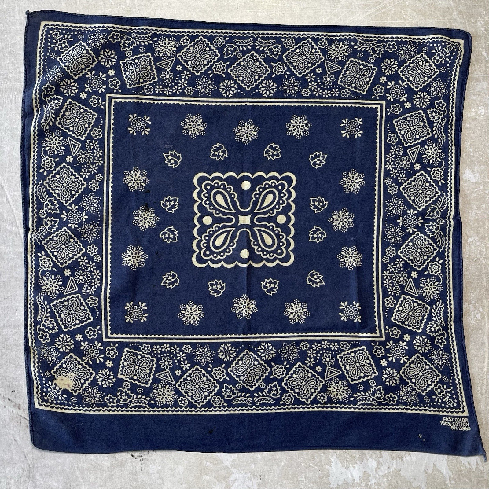 True Vintage 1940s Indigo Blue Bandana Color Fast RN 13960 Made in USA